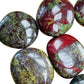 Edge view of green Dragon Bloodstone palm stone, hand-selected from Limpopo, South Africa, worked with for Confidence.