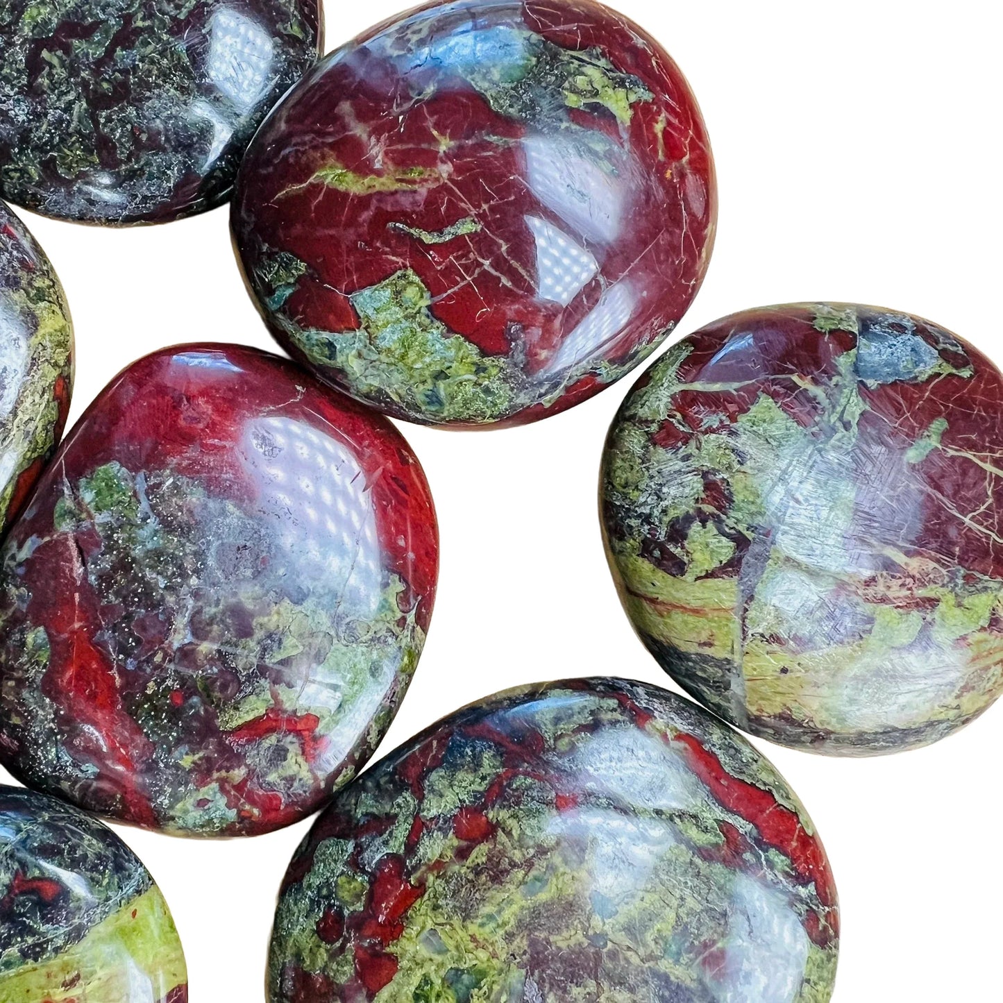 Opposite side of Grade AA Dragon Bloodstone palm stone, sourced from South Africa.