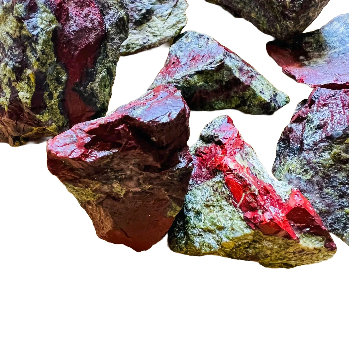 Profile shot of Dragon Bloodstone raw stone, showing characteristic color, from South Africa.