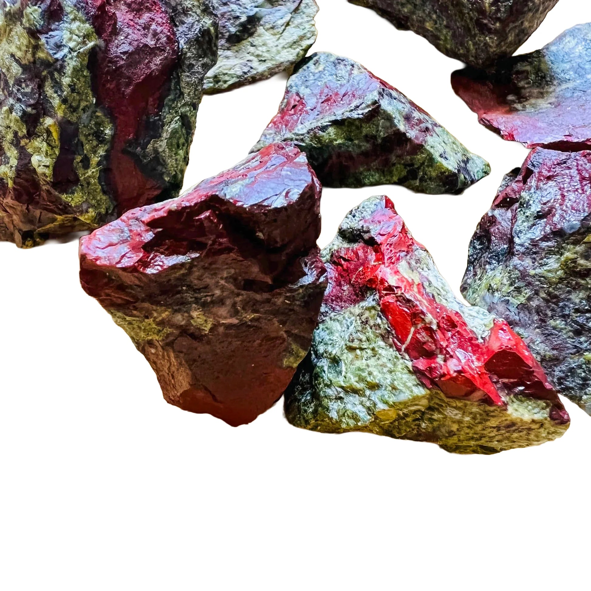 Profile shot of Dragon Bloodstone raw stone, showing characteristic color, from South Africa.