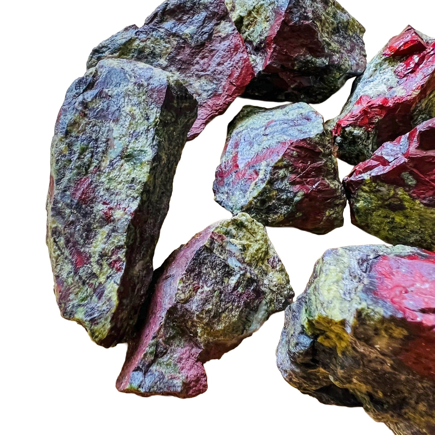 Top-side view of green Dragon Bloodstone raw stone, to support Confidence and Energy.
