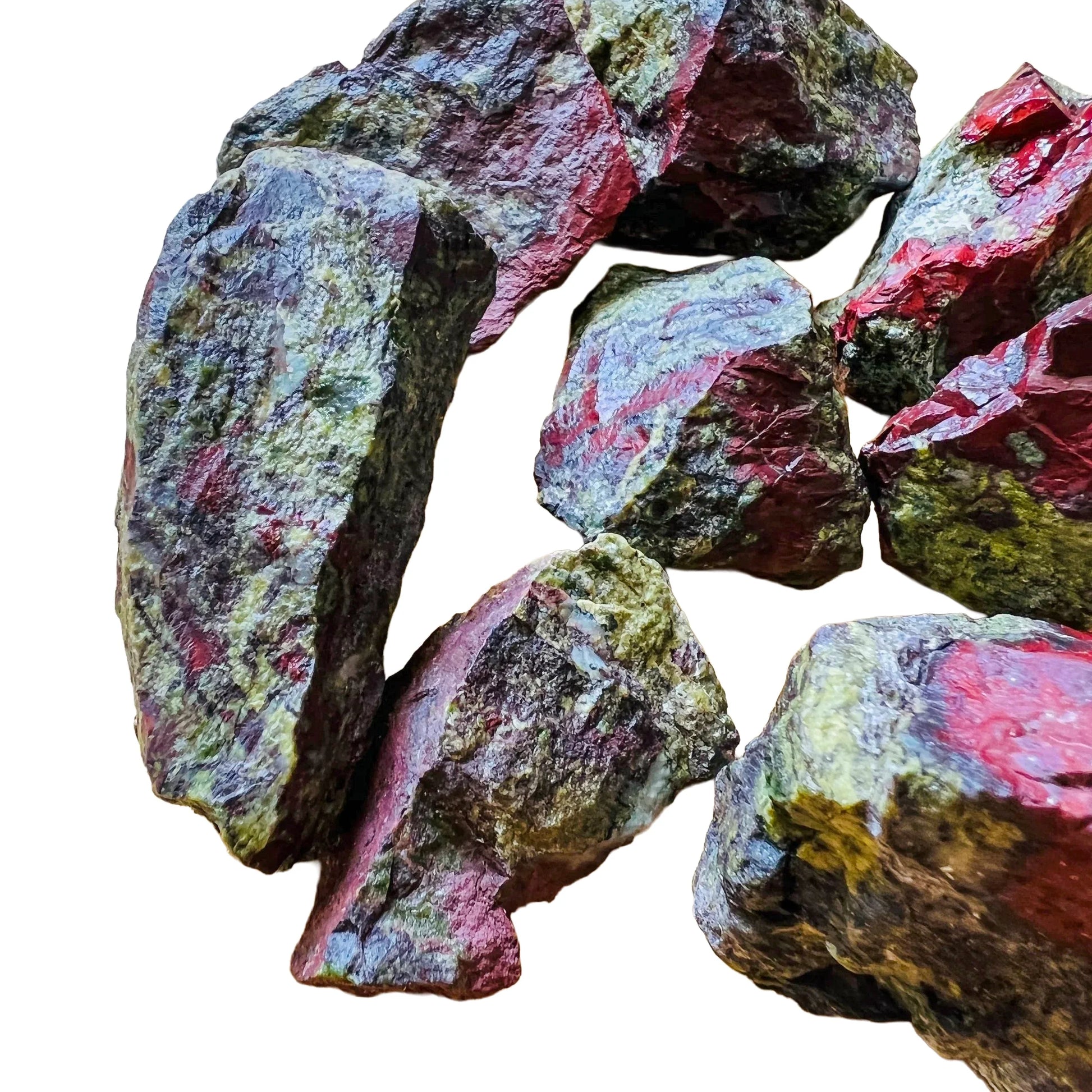 Top-side view of green Dragon Bloodstone raw stone, to support Confidence and Energy.