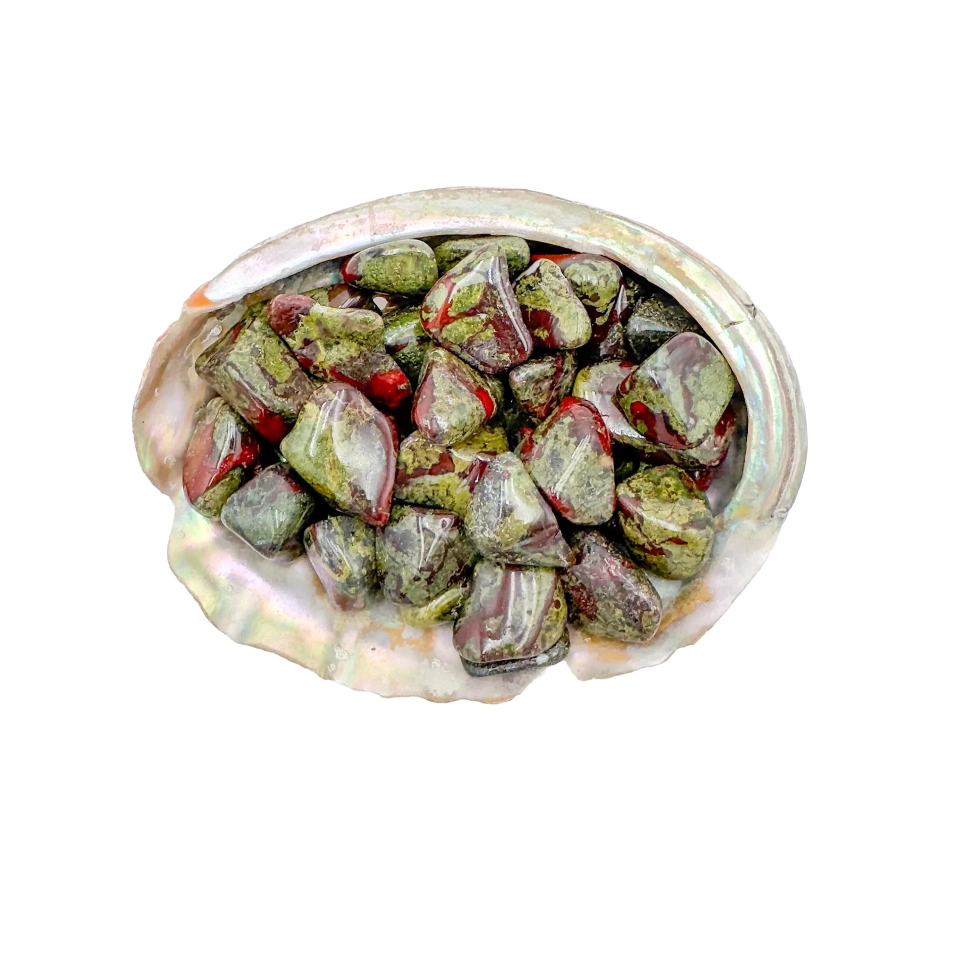 Color detail of Dragon Bloodstone tumbled stone, sourced from South Africa, showing subtle veining.