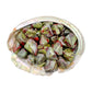 Color detail of Dragon Bloodstone tumbled stone, sourced from South Africa, showing subtle veining.