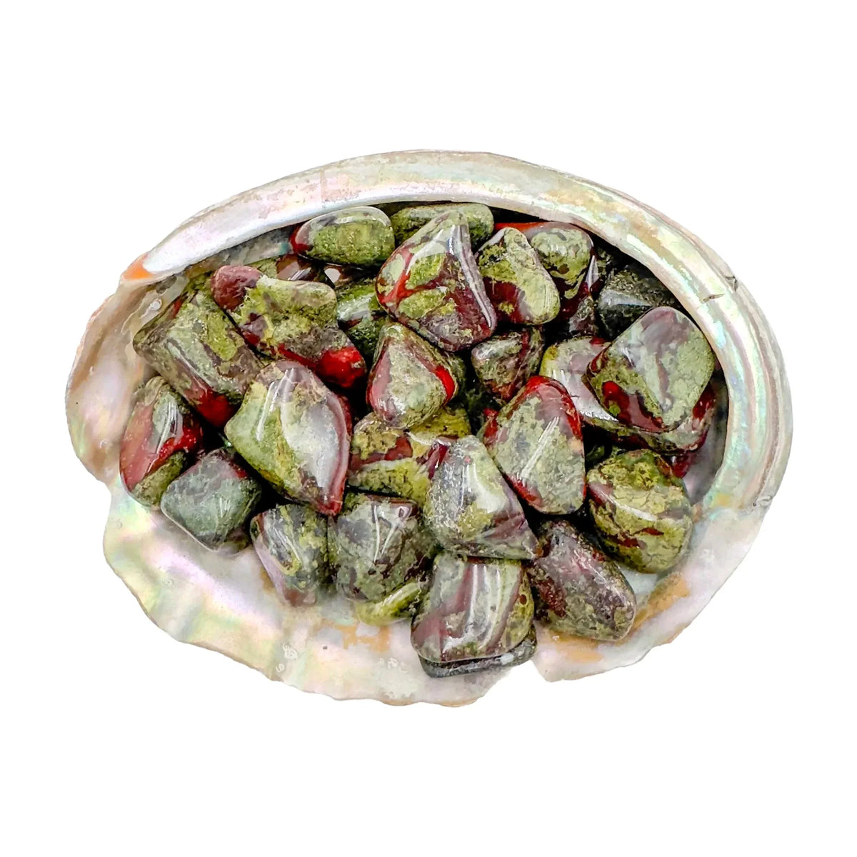 Color detail of Dragon Bloodstone tumbled stone, sourced from South Africa, showing subtle veining.