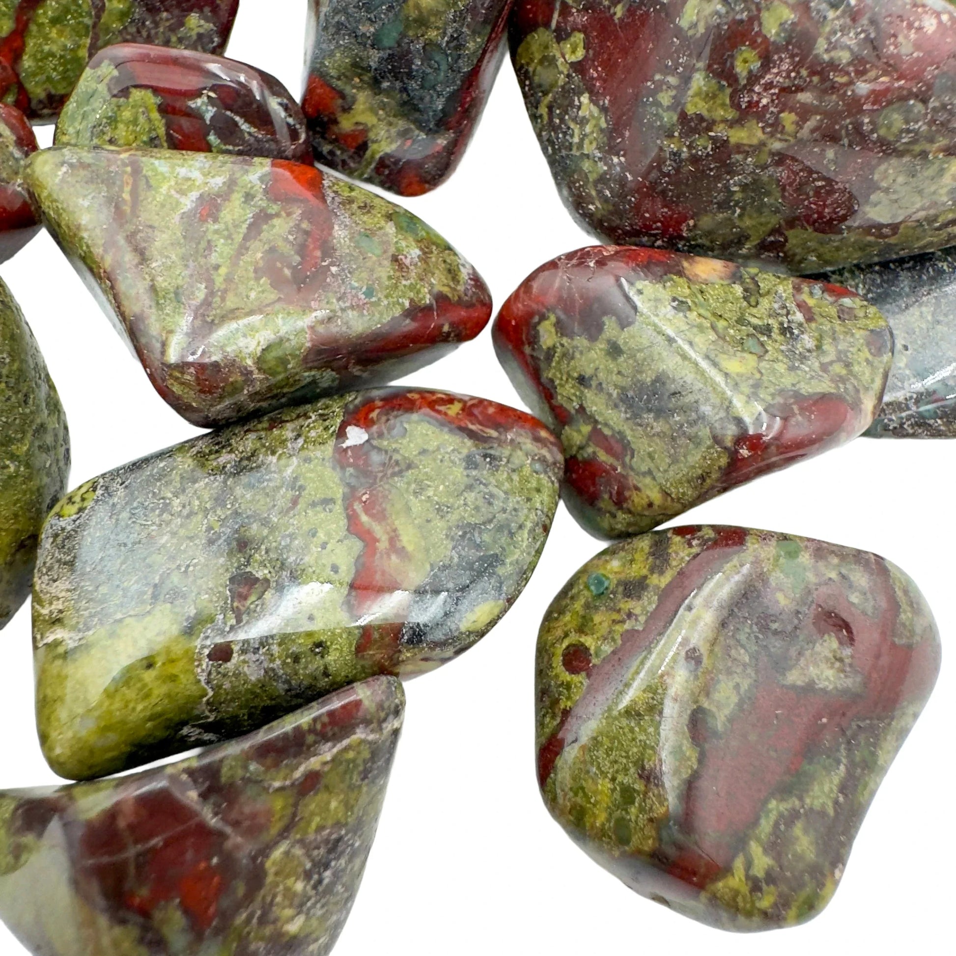 Back view of Dragon Bloodstone tumbled stone, from Limpopo, South Africa.