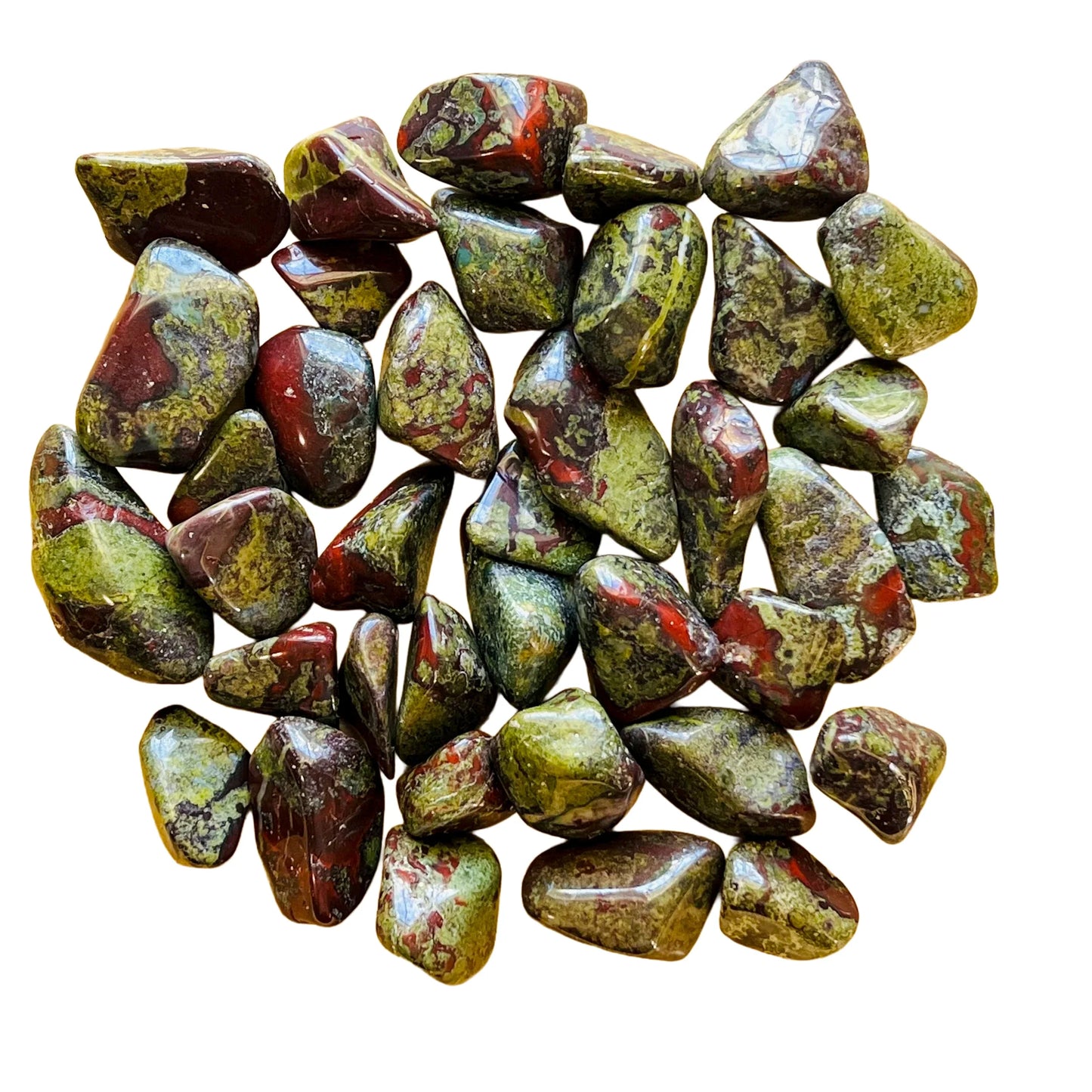 Back view of Grade AA Dragon Bloodstone tumbled stone showing natural surface