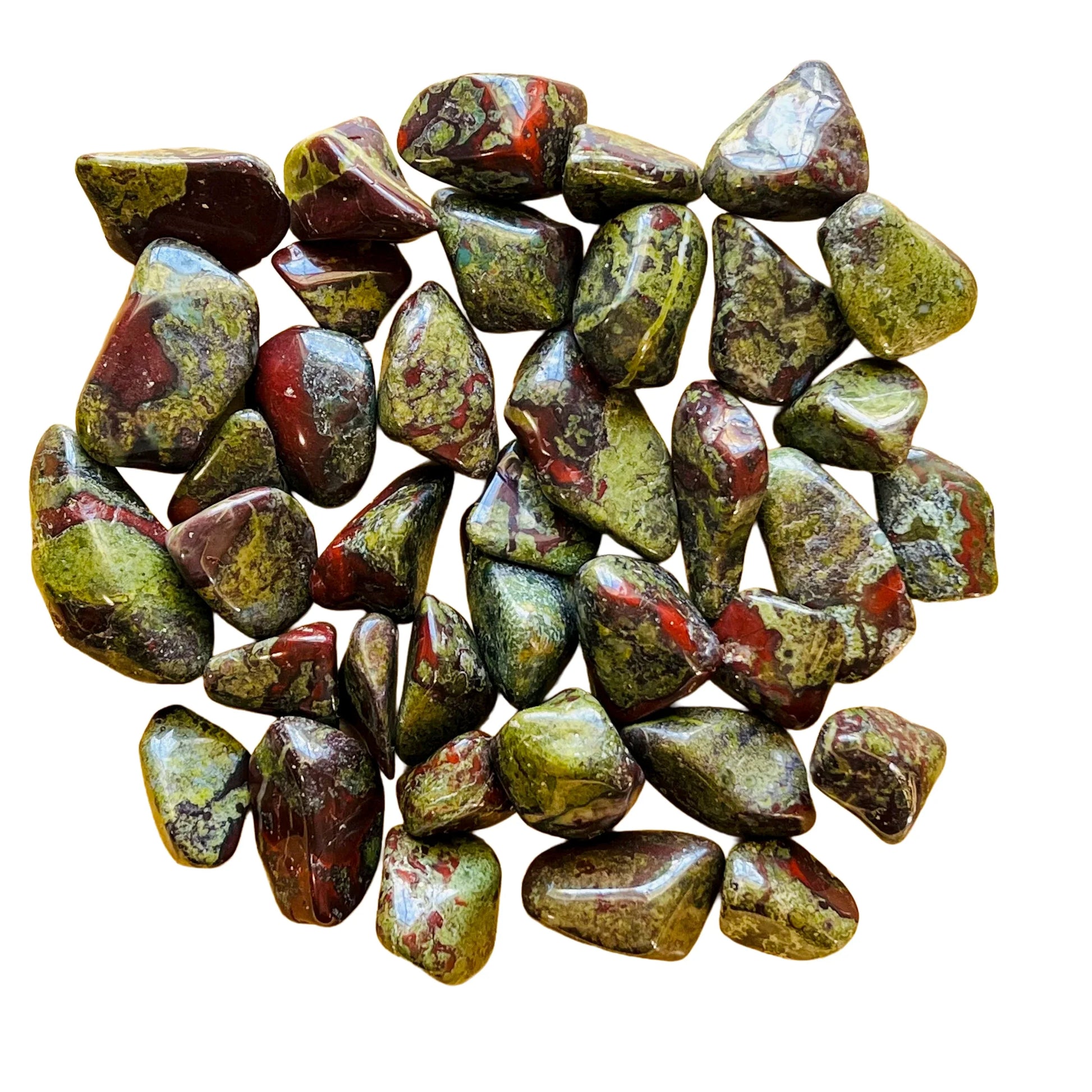 Back view of Grade AA Dragon Bloodstone tumbled stone showing natural surface