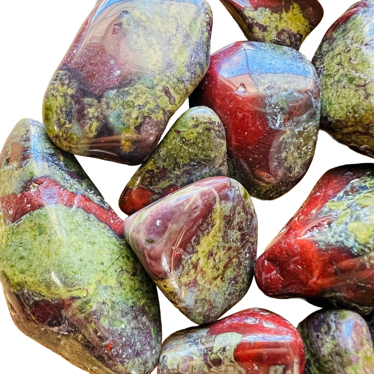 Detail shot of Grade AA Dragon Bloodstone tumbled stone under natural light