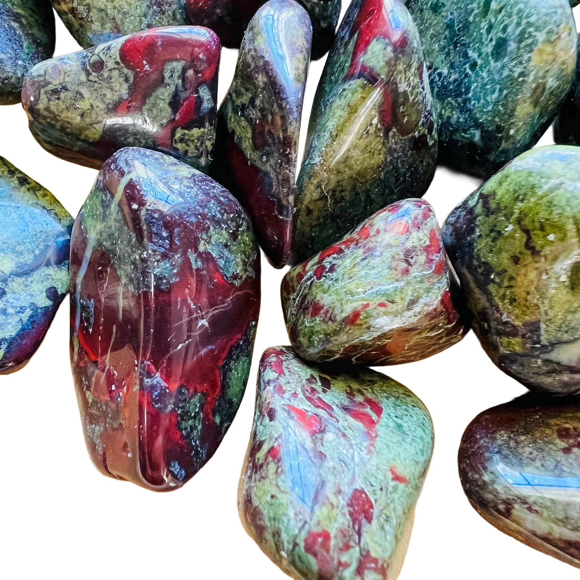 Full profile of Grade AA Dragon Bloodstone tumbled stone ready to ship from Beyond Bohemian