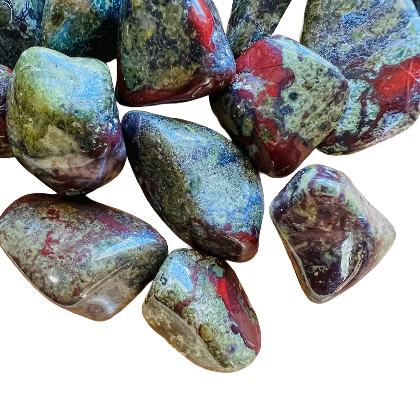Full profile of Grade AA Dragon Bloodstone tumbled stone ready to ship from Beyond Bohemian
