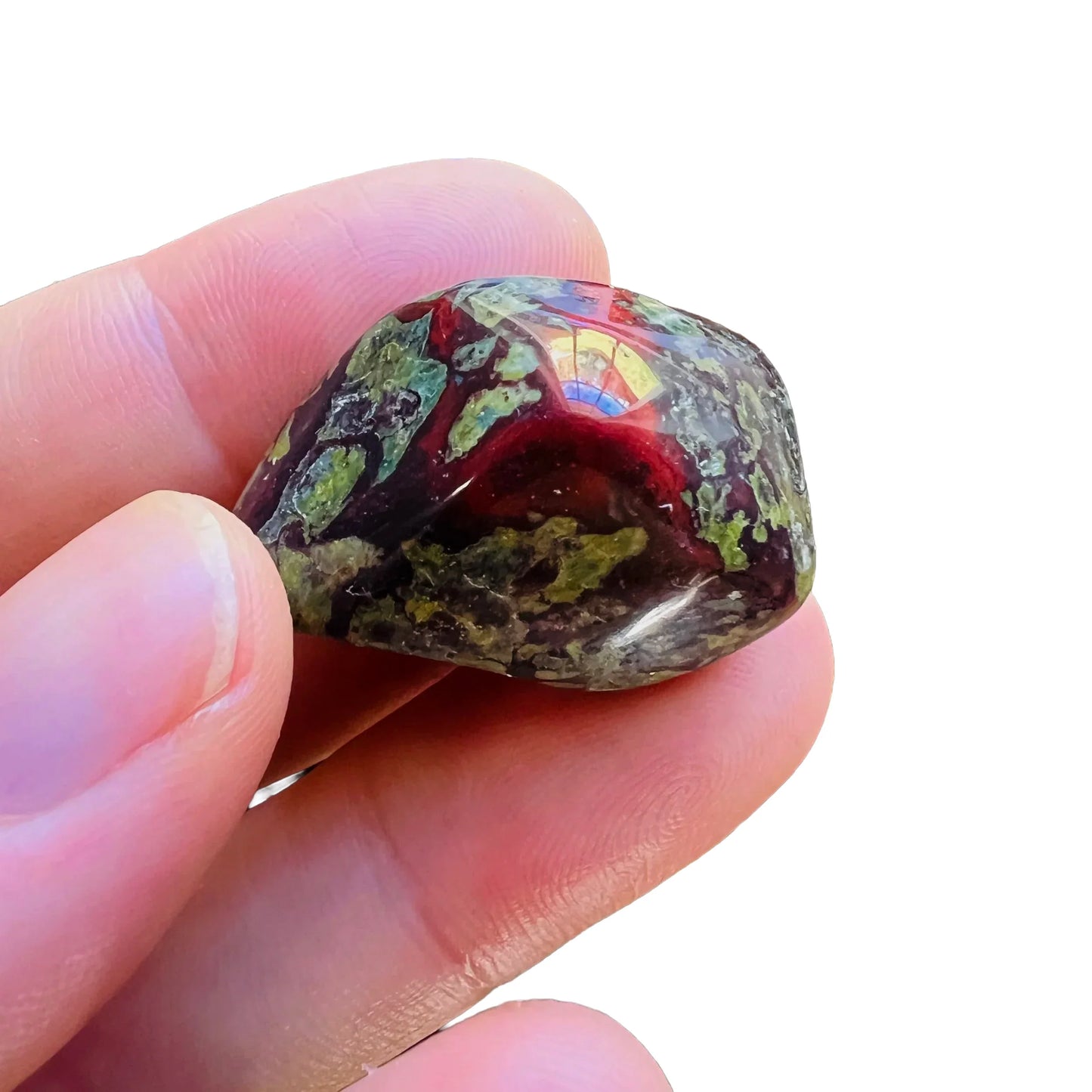 Full profile of Grade AA Dragon Bloodstone tumbled stone ready to ship from Beyond Bohemian