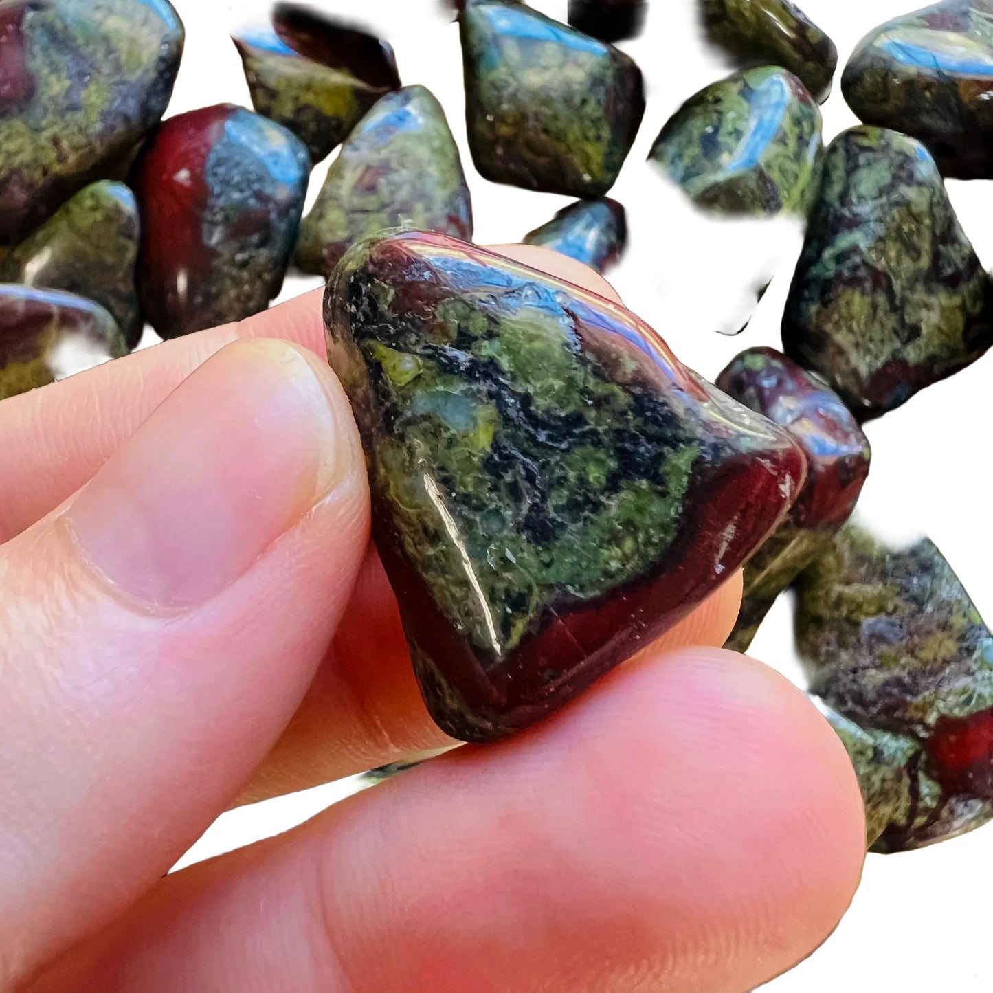 Full profile of Grade AA Dragon Bloodstone tumbled stone ready to ship from Beyond Bohemian
