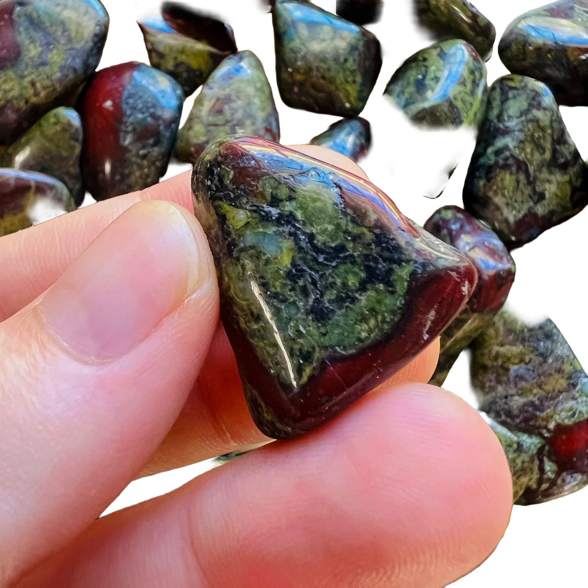 Full profile of Grade AA Dragon Bloodstone tumbled stone ready to ship from Beyond Bohemian