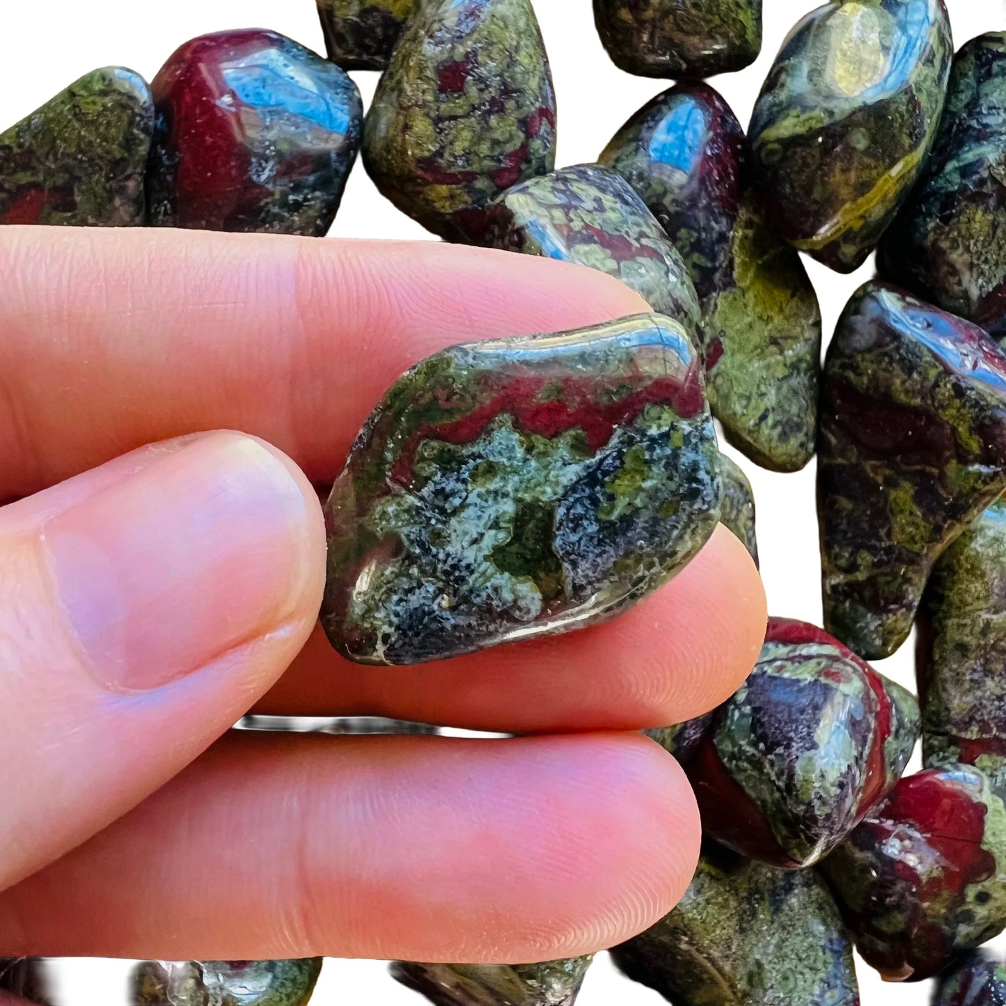 Full profile of Grade AA Dragon Bloodstone tumbled stone ready to ship from Beyond Bohemian