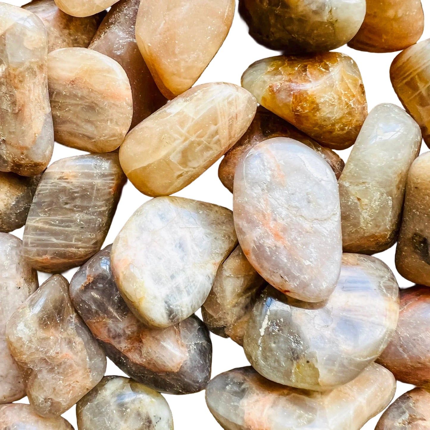 Side perspective of Grade AA Earth Moonstone tumbled stone, sourced from Minas Gerais, Brazil.