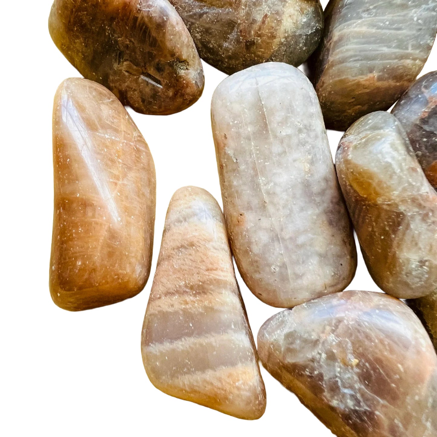 Top angle of brown Earth Moonstone tumbled stone, sourced from Minas Gerais, Brazil.