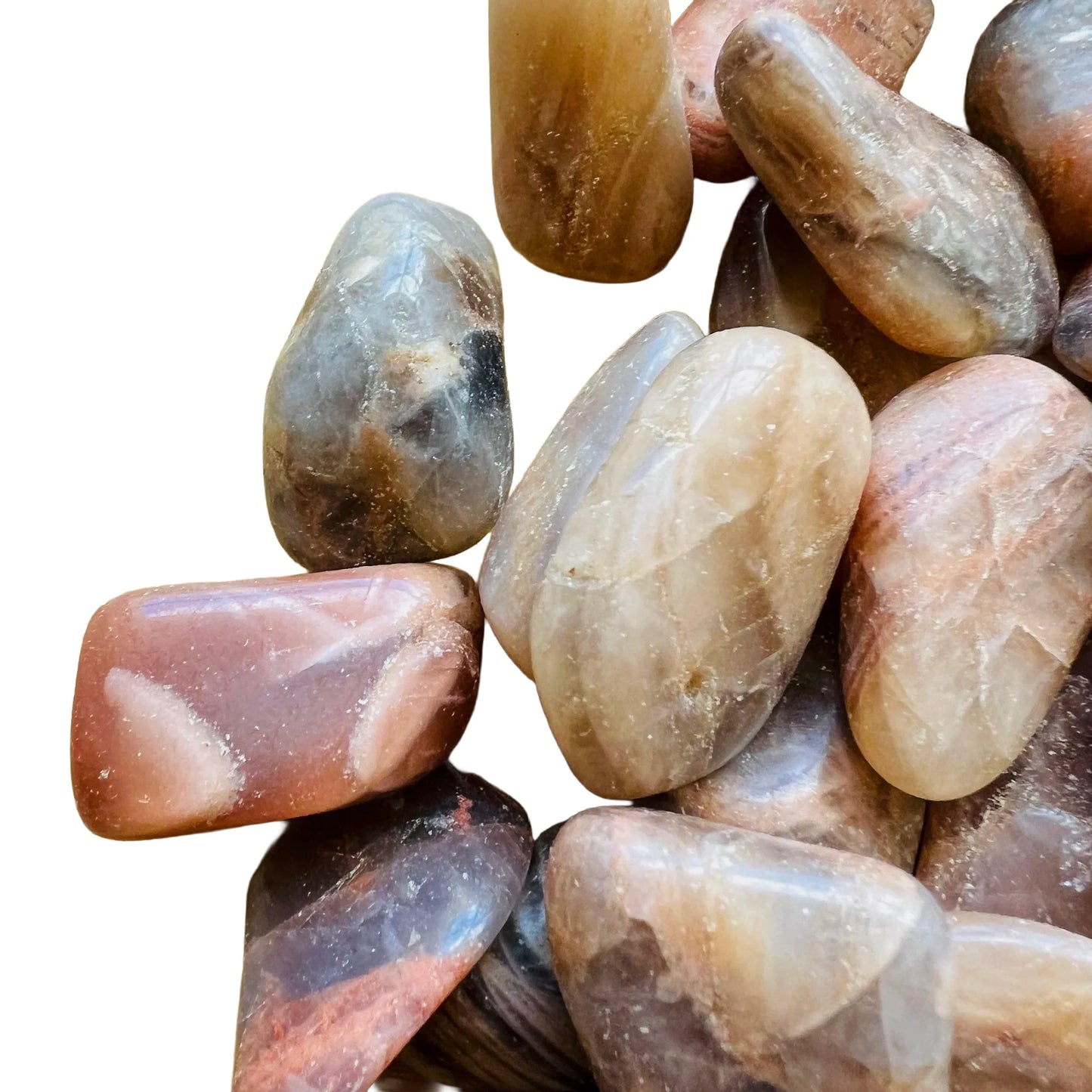 Underside view of Grade AA Earth Moonstone tumbled stone, from Brazil, showing subtle veining.
