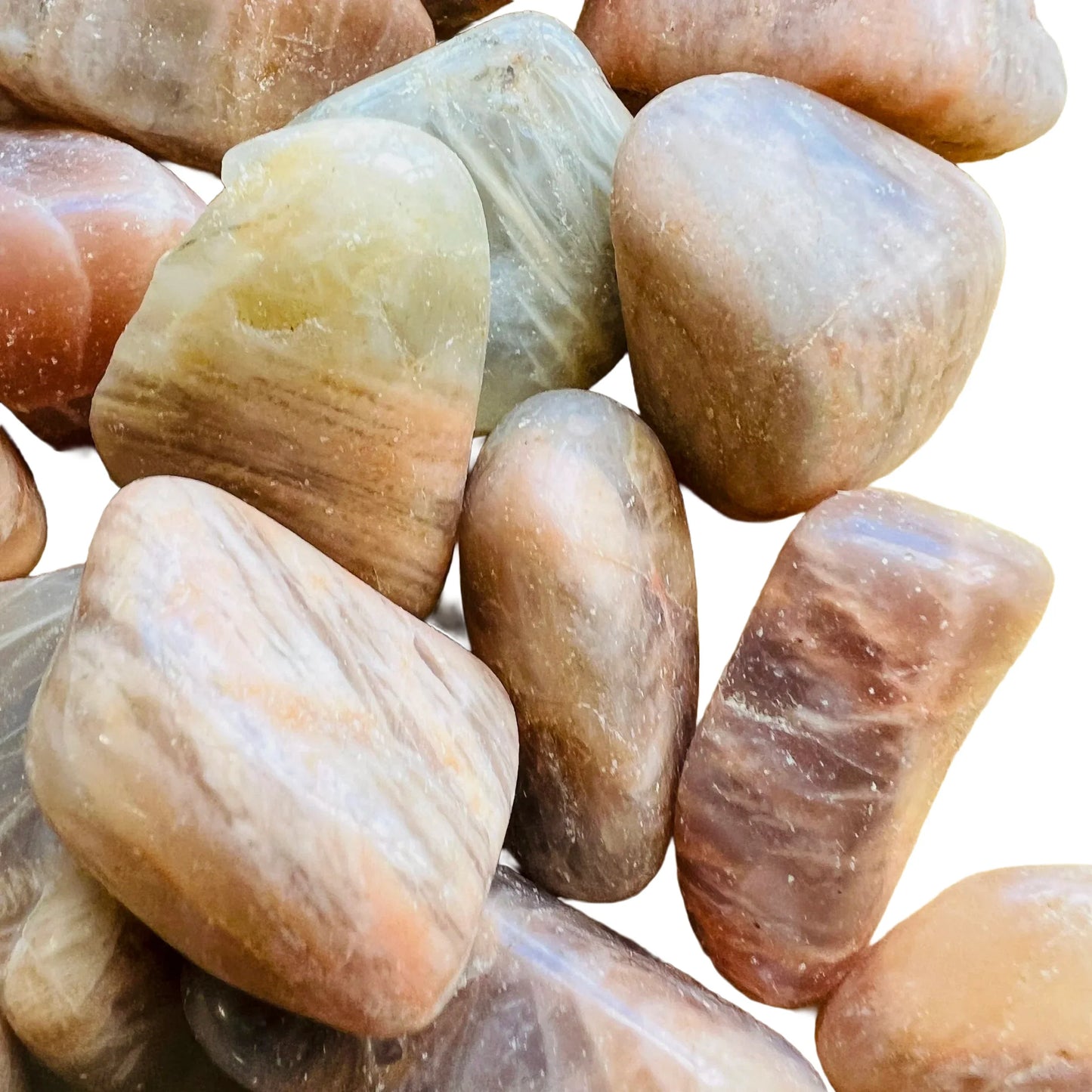 Natural light view of a Earth Moonstone tumbled stone, from Minas Gerais, Brazil.