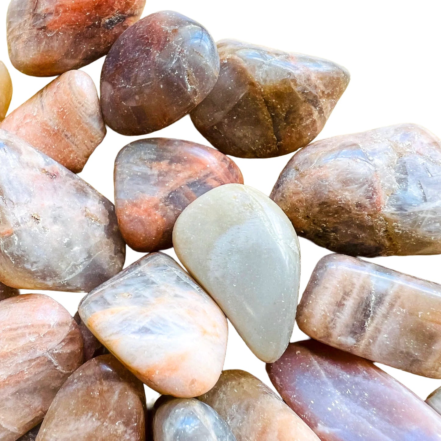 Field-of-view of Earth Moonstone tumbled stone, from Minas Gerais, Brazil, captured in natural daylight.