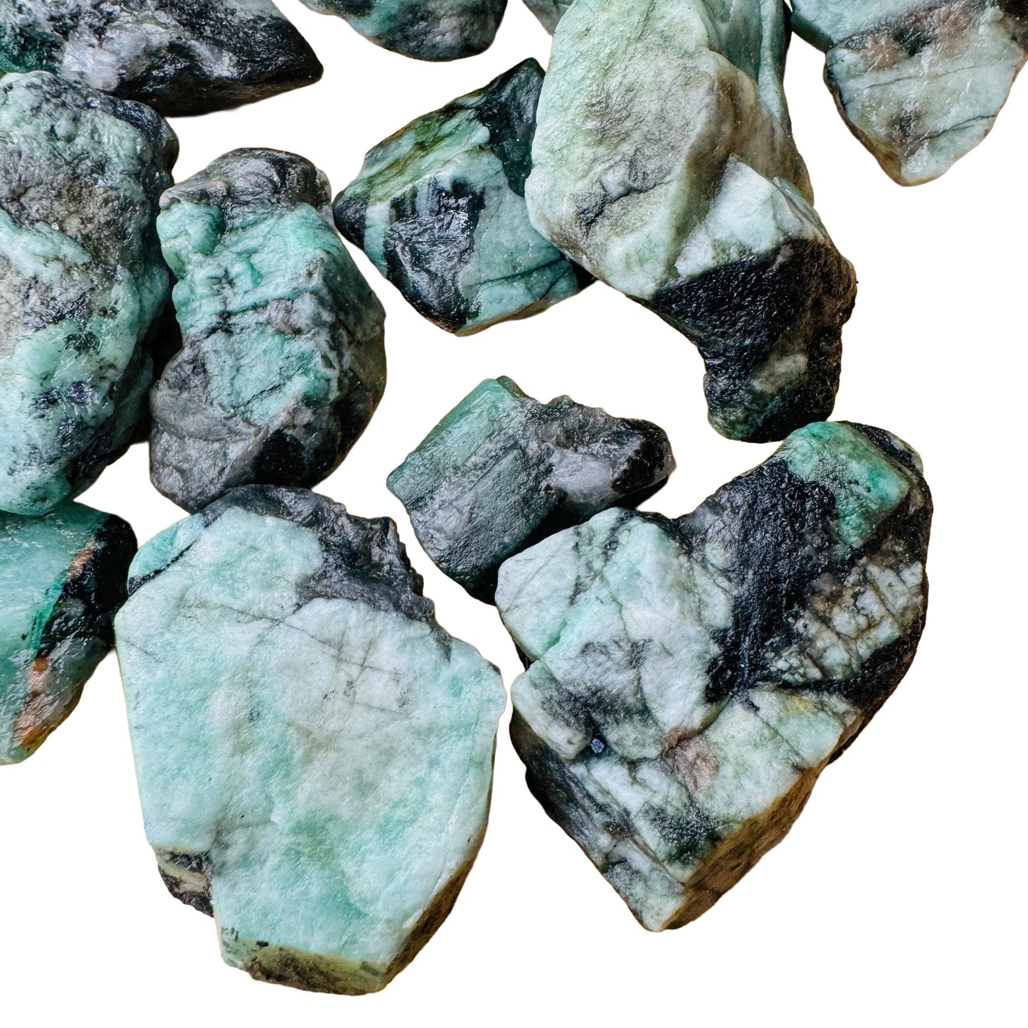 Color detail of green Emerald raw stone, sourced from Bahia, Brazil, showing characteristic finish.