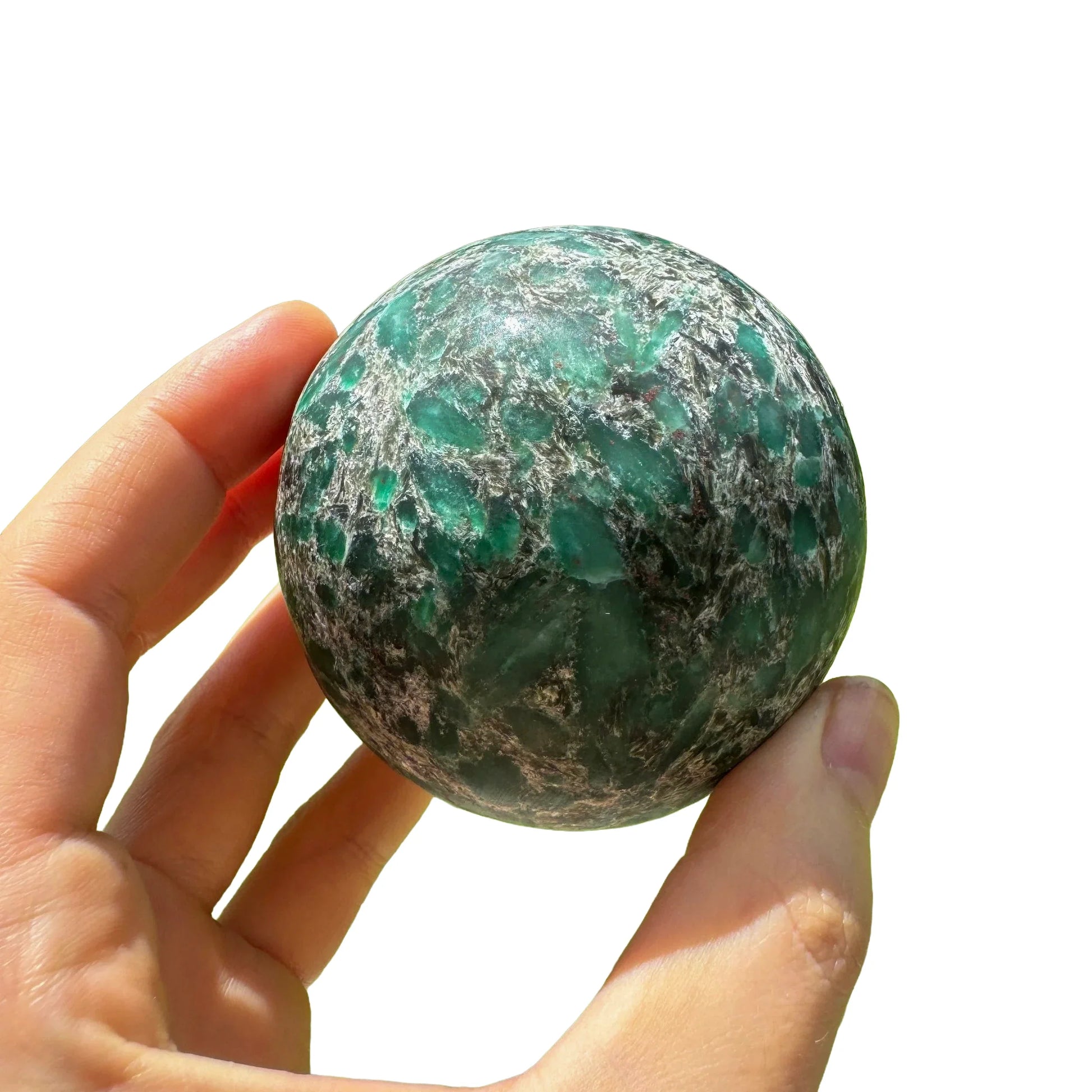 Top view of Emerald polished sphere, Zimbabwe-sourced.