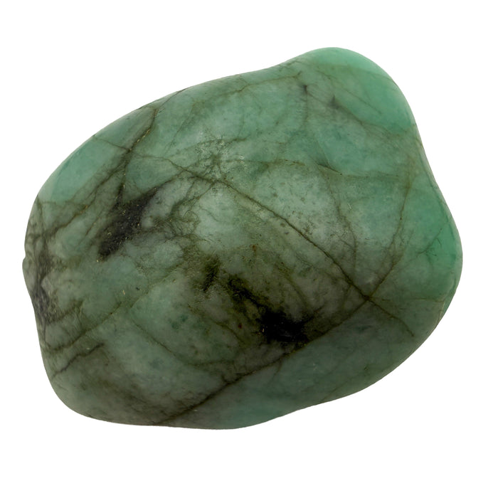 Emerald Tumbled Stones, AA Grade, Brazil: one tumbled stone on a white background, soft green with darker green veins and gray patches