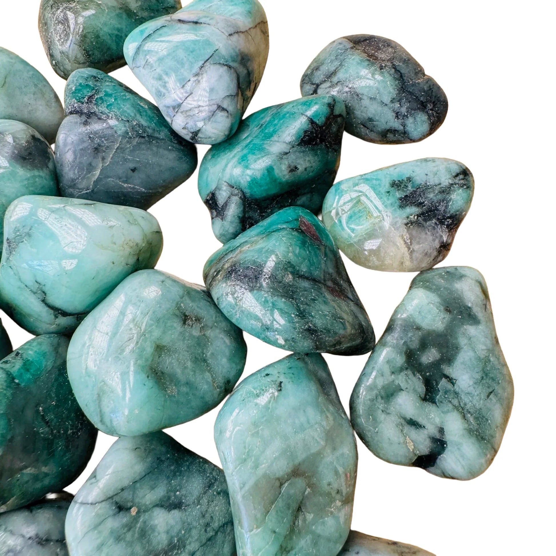 Natural surface of Emerald tumbled stone, showing characteristic patterning.