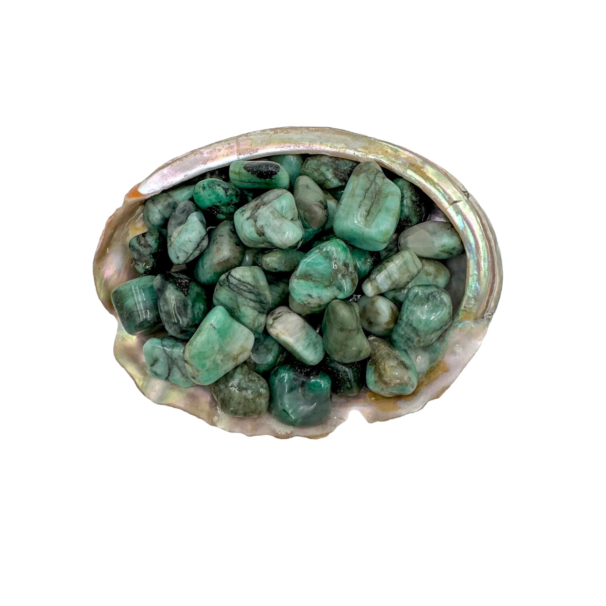 Detail shot showing Emerald tumbled stone, associated with Love.