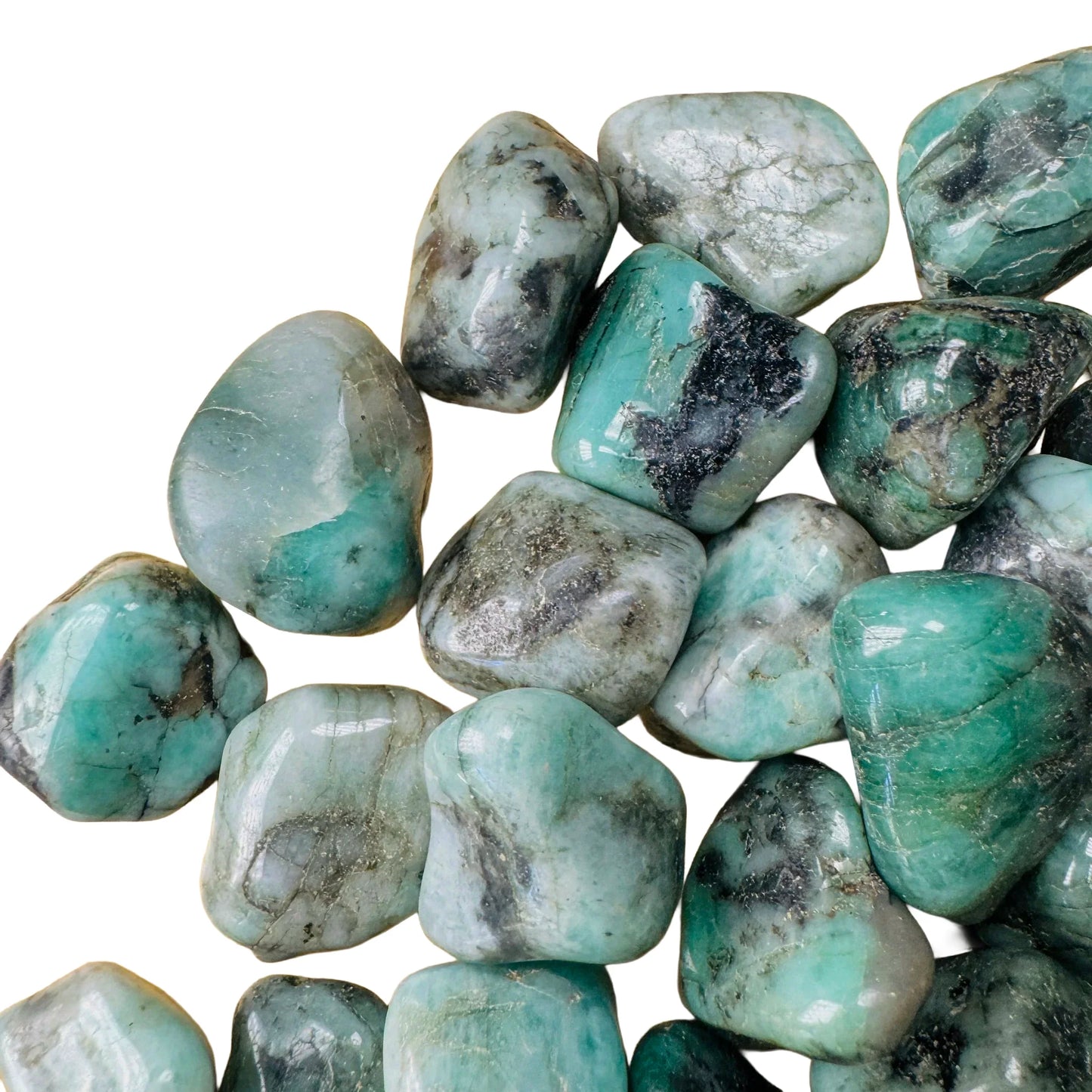 Full profile of Grade AA Emerald tumbled stone ready to ship from Beyond Bohemian