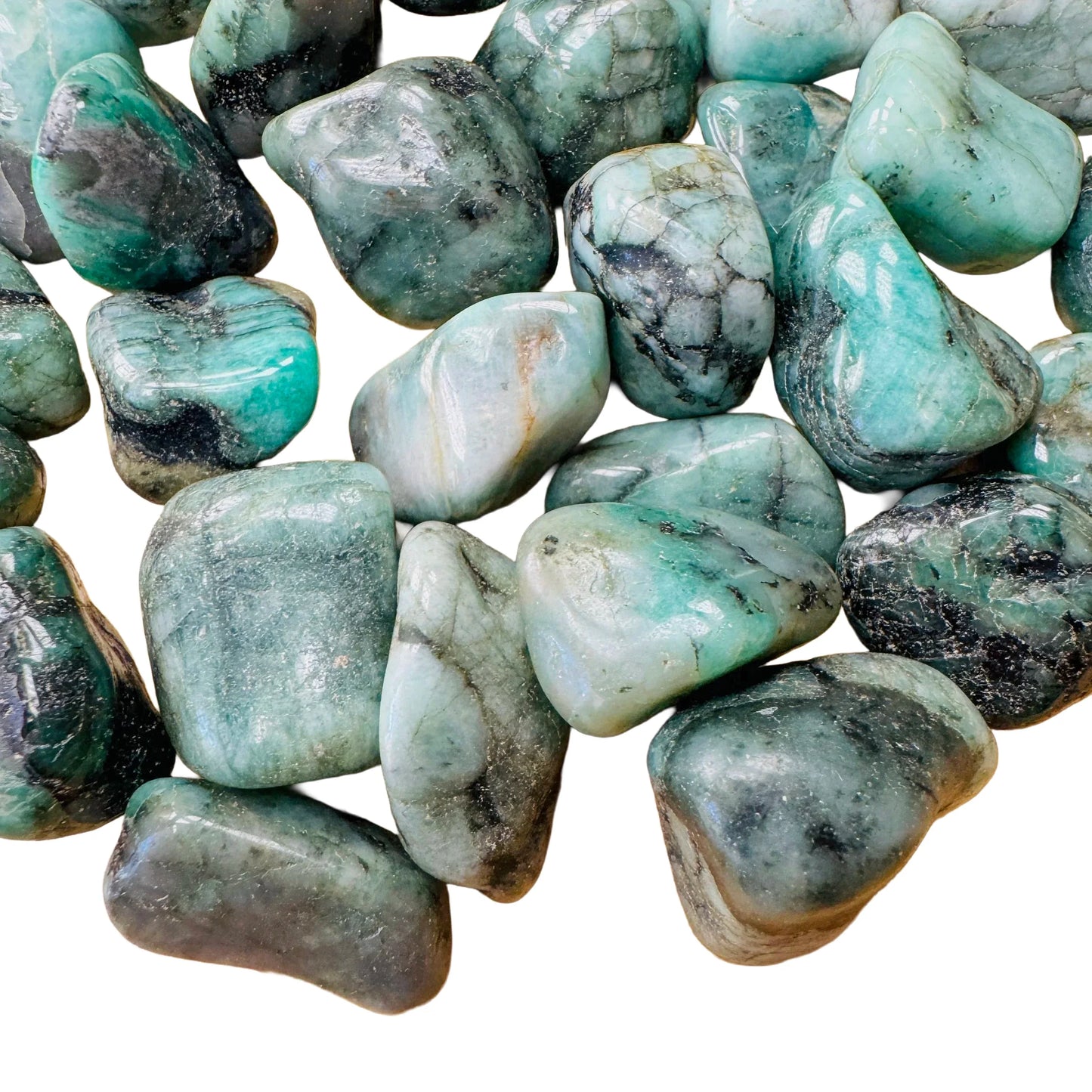 Full profile of Grade AA Emerald tumbled stone ready to ship from Beyond Bohemian