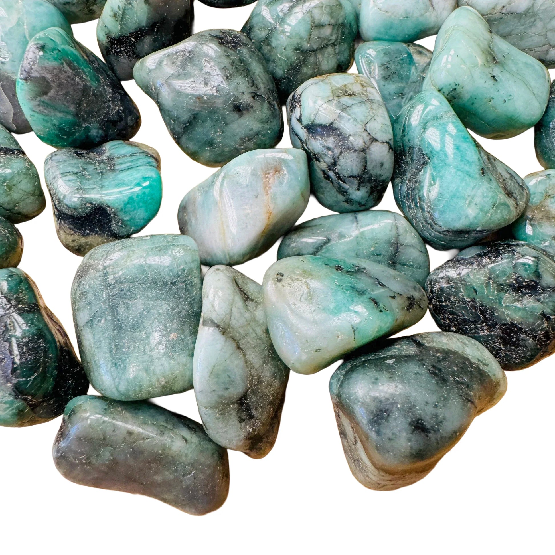 Full profile of Grade AA Emerald tumbled stone ready to ship from Beyond Bohemian