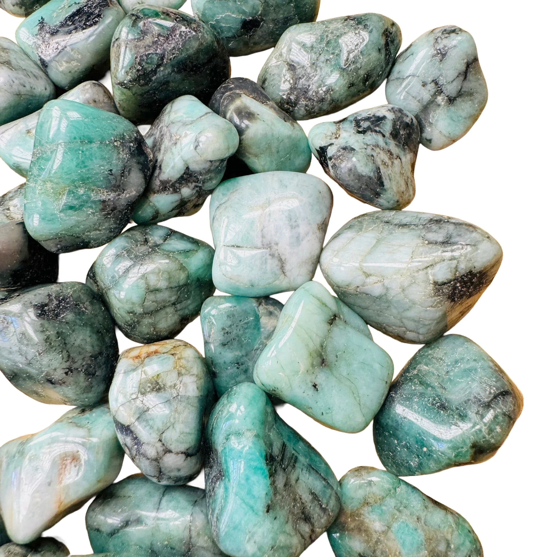 Full profile of Grade AA Emerald tumbled stone ready to ship from Beyond Bohemian