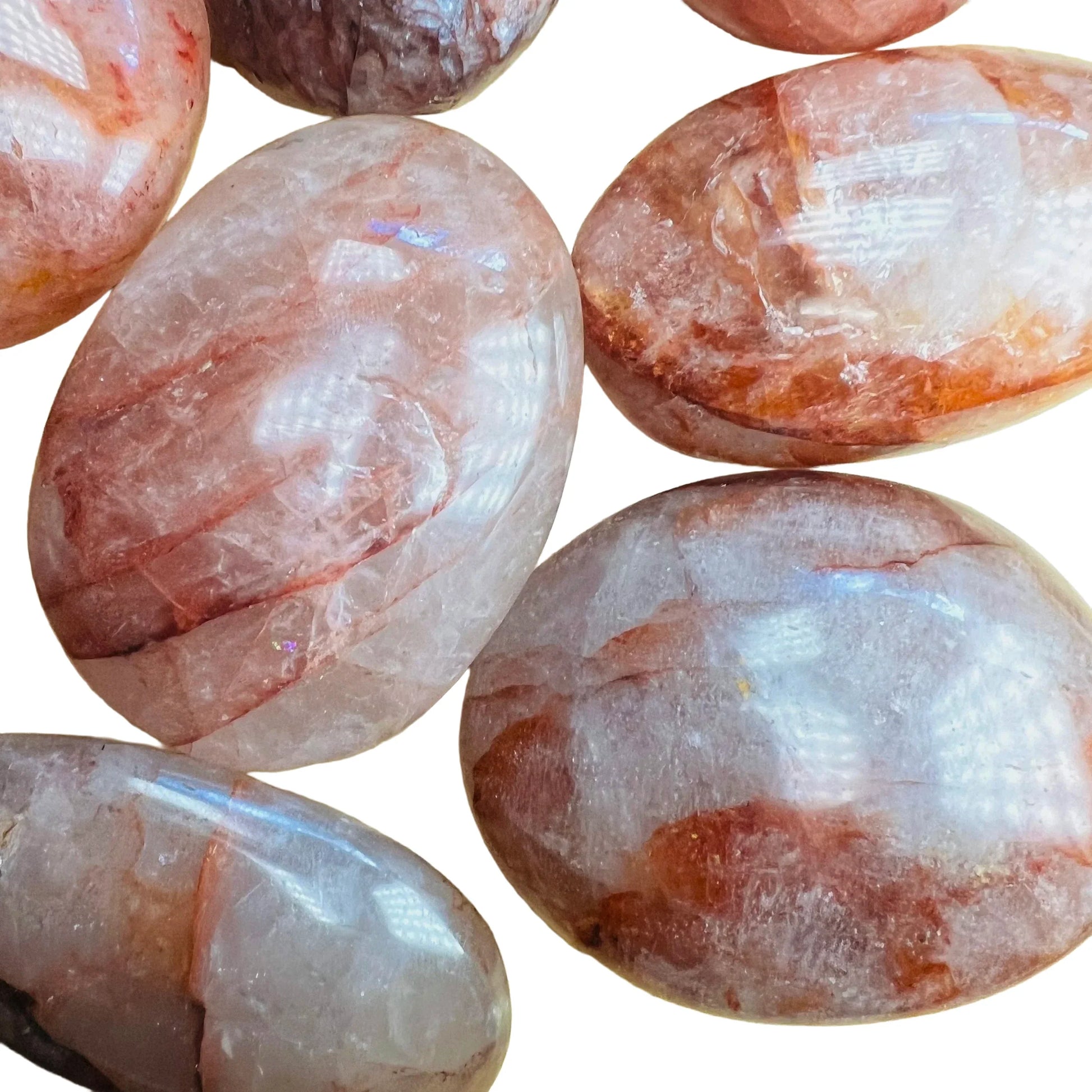 Back view of Grade AA Fire Quartz palm stone showing natural surface