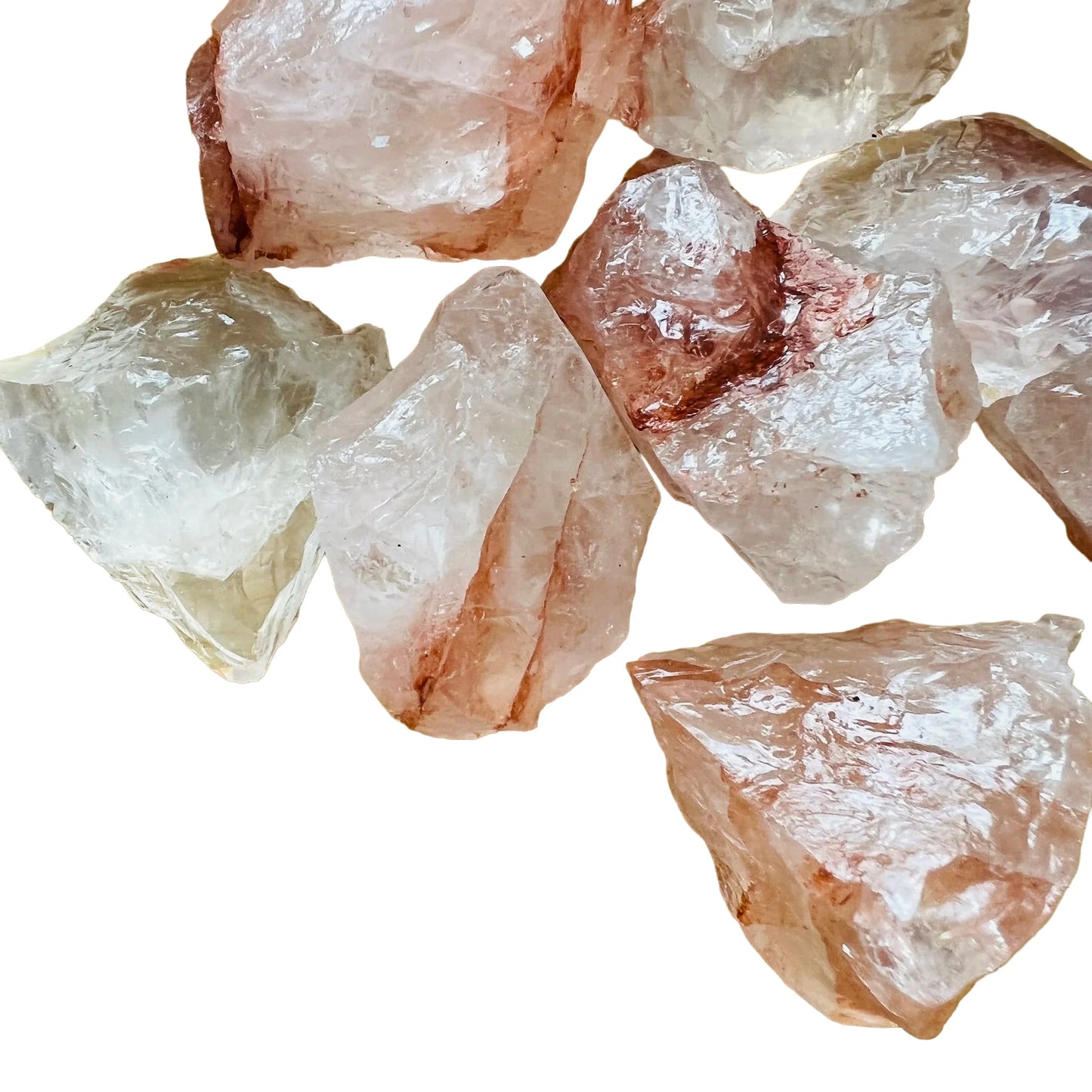 Side perspective of Grade AA Fire Quartz raw stone, showing natural variation, worked with for Grounding and Confidence.