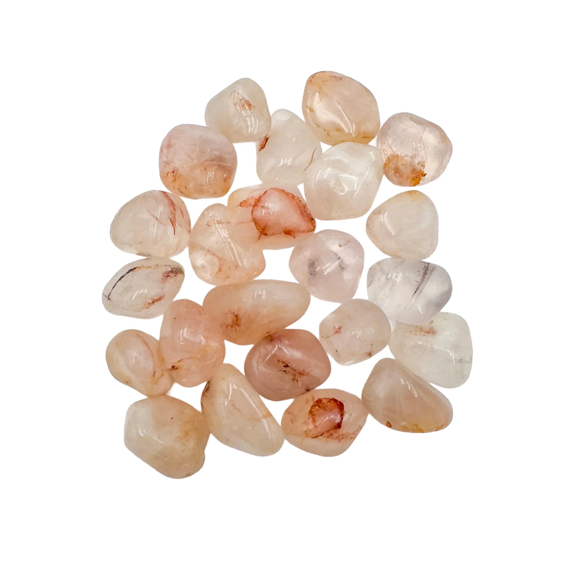 Up-close view of Grade AA Fire Quartz tumbled stone, showing natural sheen, carried for Grounding and Confidence.