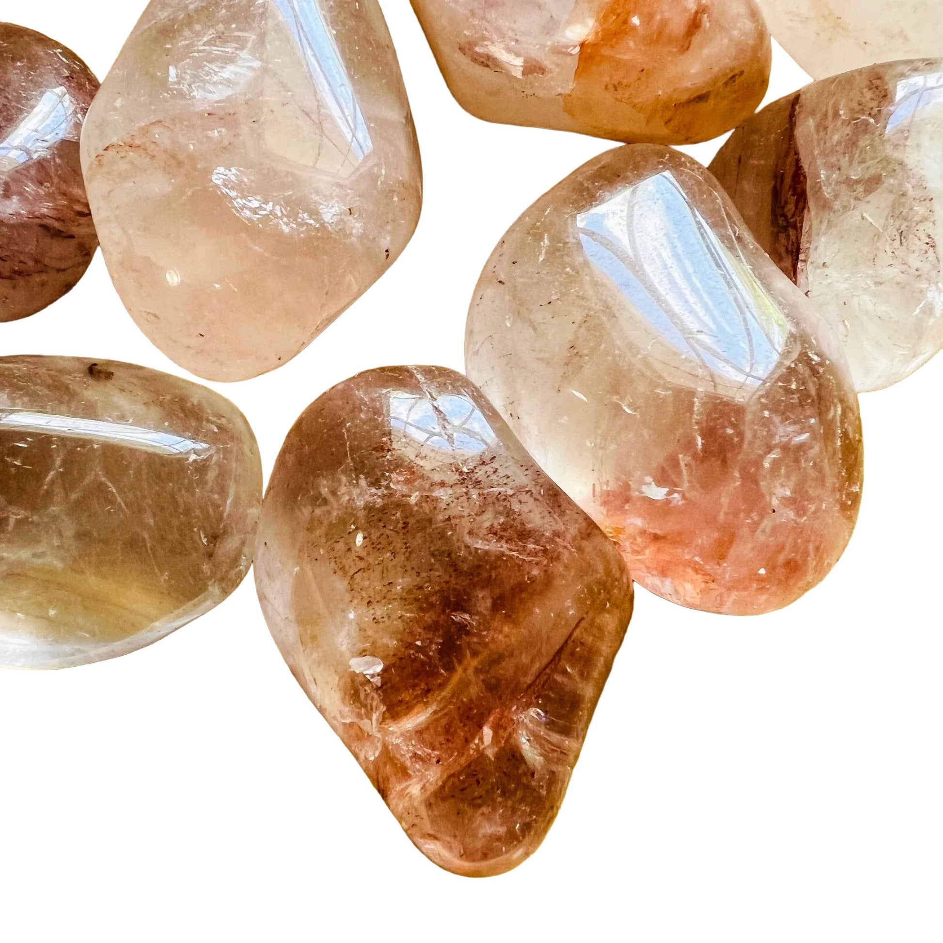 Full profile of Grade AA Fire Quartz tumbled stone ready to ship from Beyond Bohemian