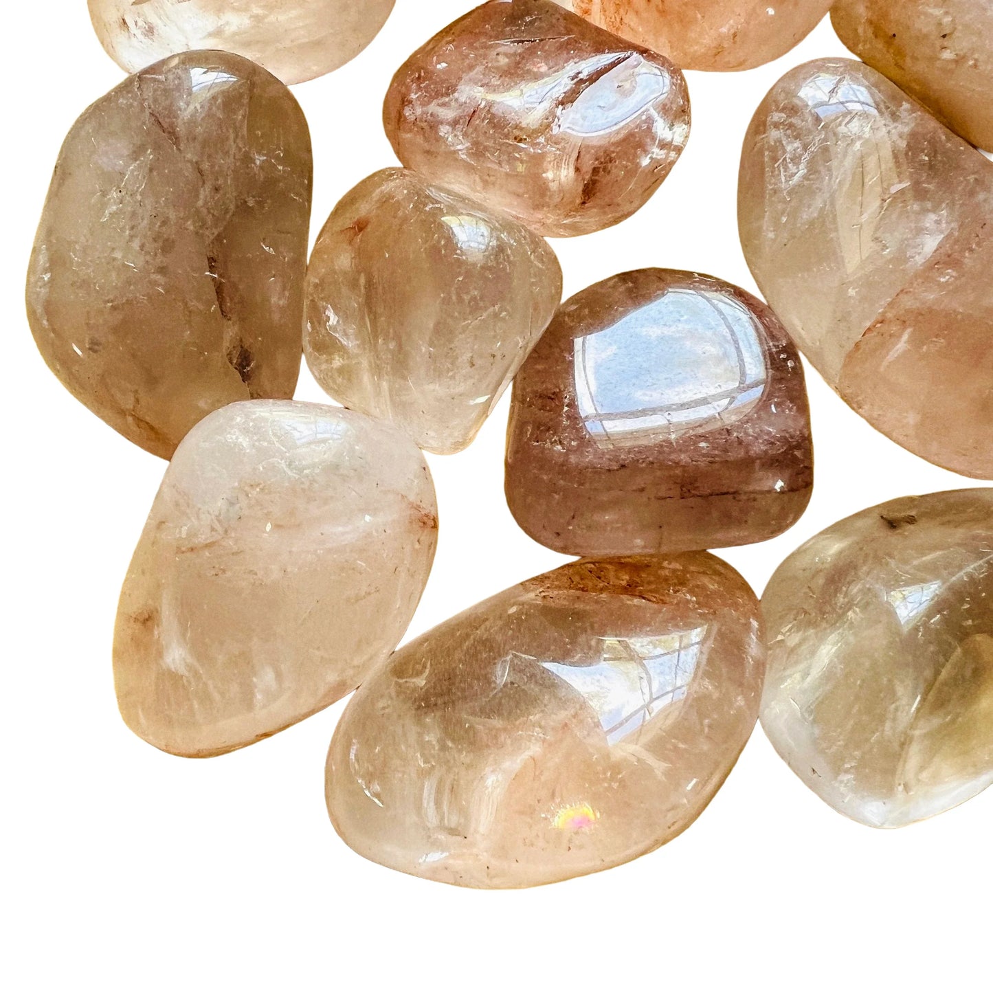 Full profile of Grade AA Fire Quartz tumbled stone ready to ship from Beyond Bohemian