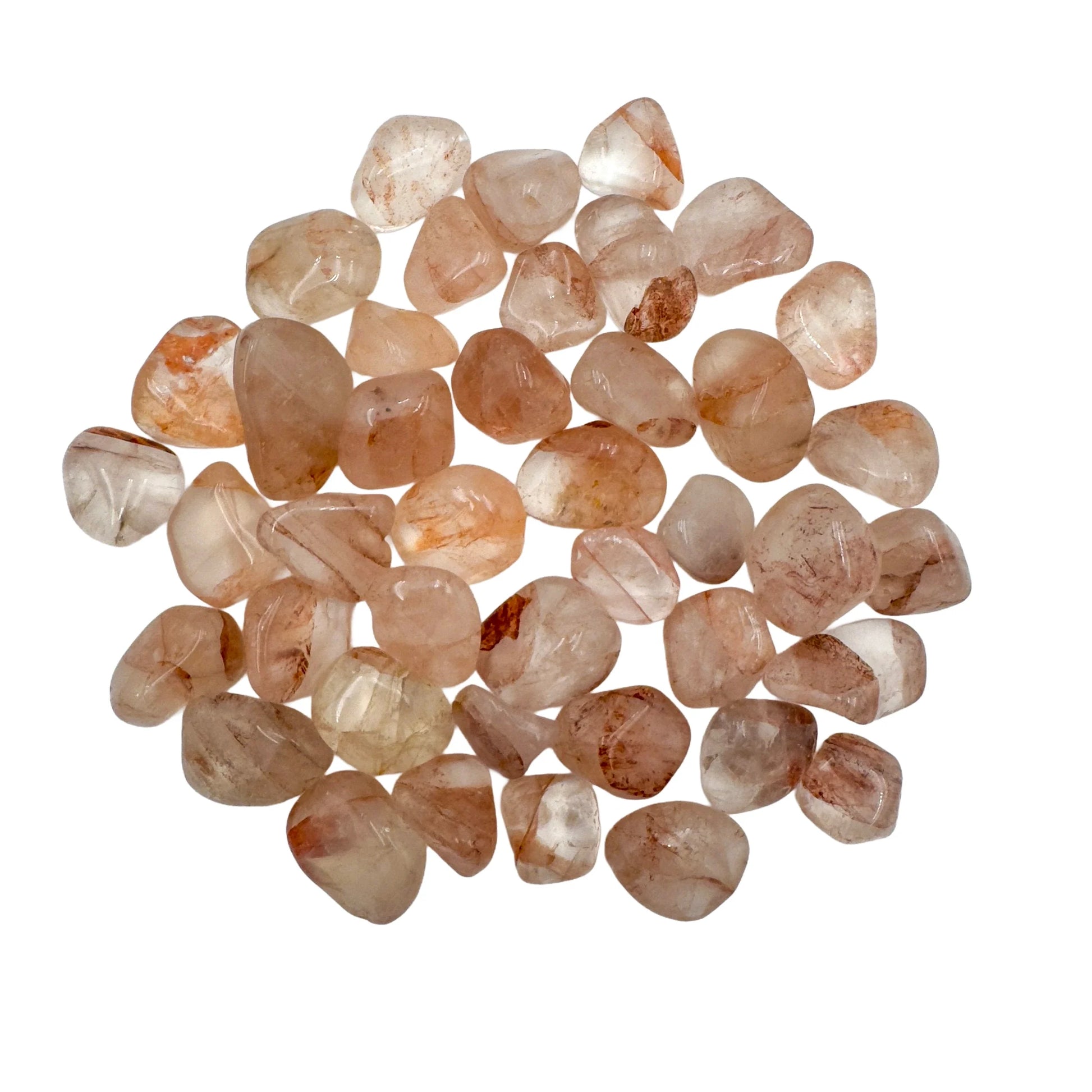 Texture-level view of Fire Quartz tumbled stone, from Madagascar.