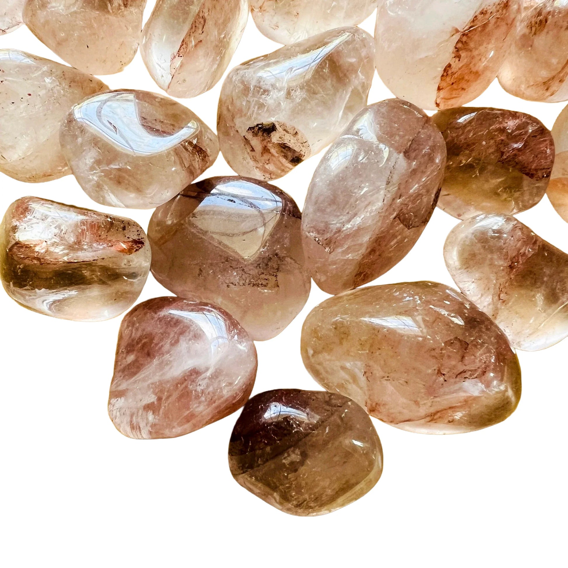 Back view of Grade AA Fire Quartz tumbled stone showing natural surface