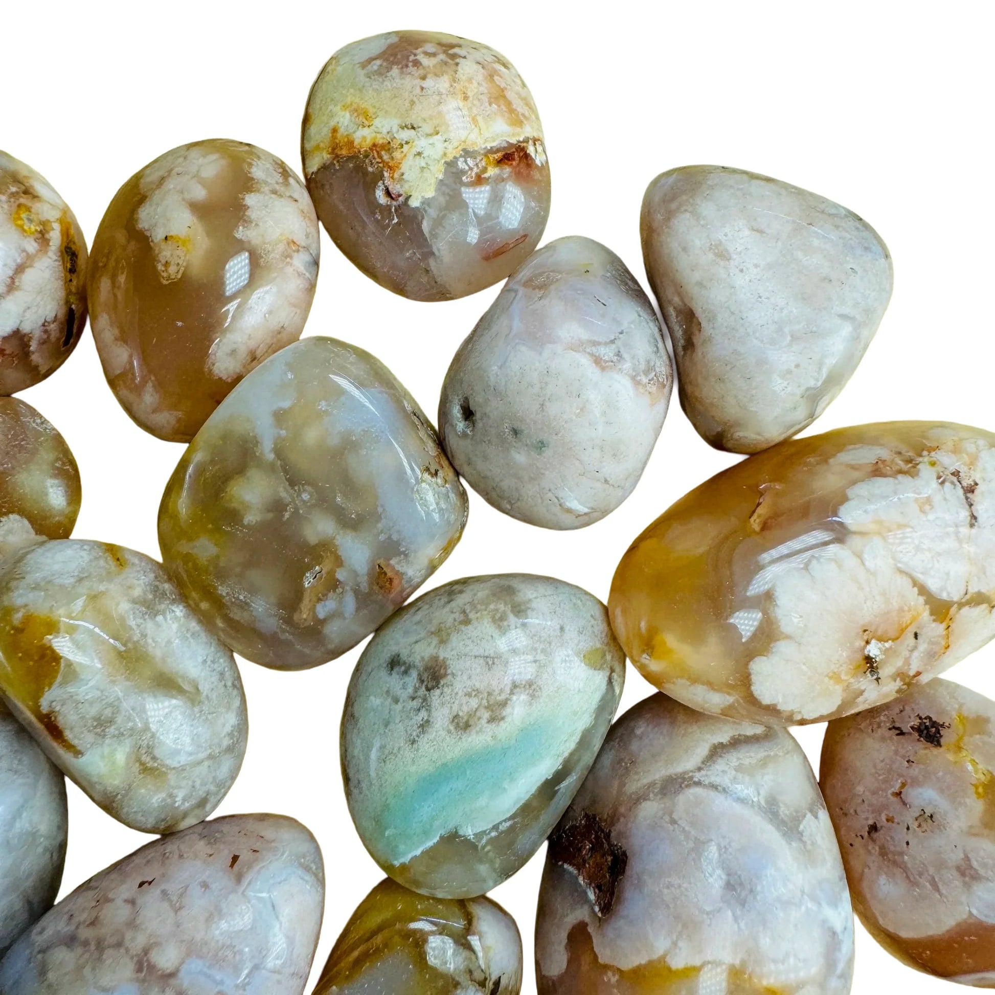 Plan view of Grade AA Flower Agate tumbled stone, showing natural sheen, worked with for Love.