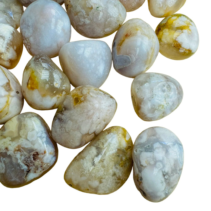 Up-close view of Flower Agate tumbled stone, showing characteristic patterning.