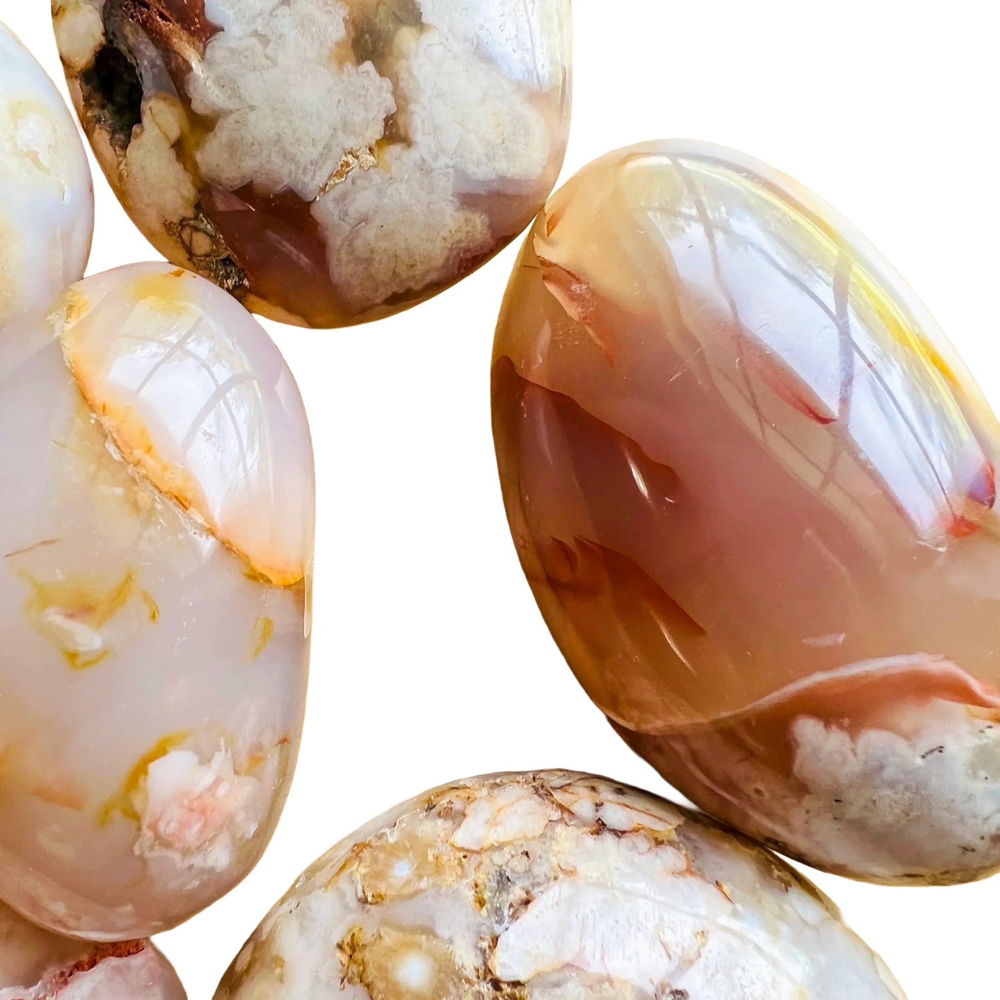 Underside view of Grade AA Flower Agate palm stone, associated with Love.
