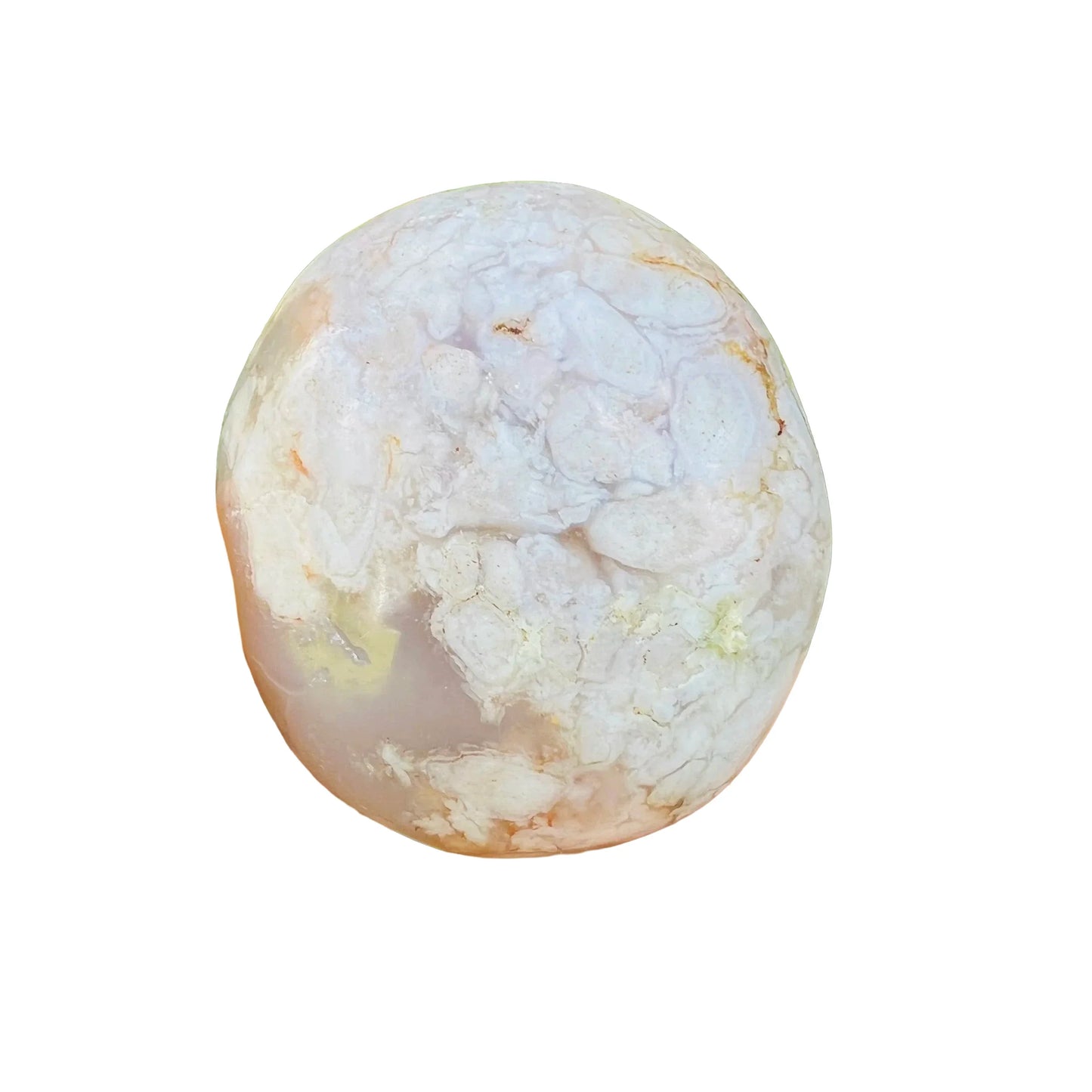 Back view of Grade AA Flower Agate palm stone showing natural surface