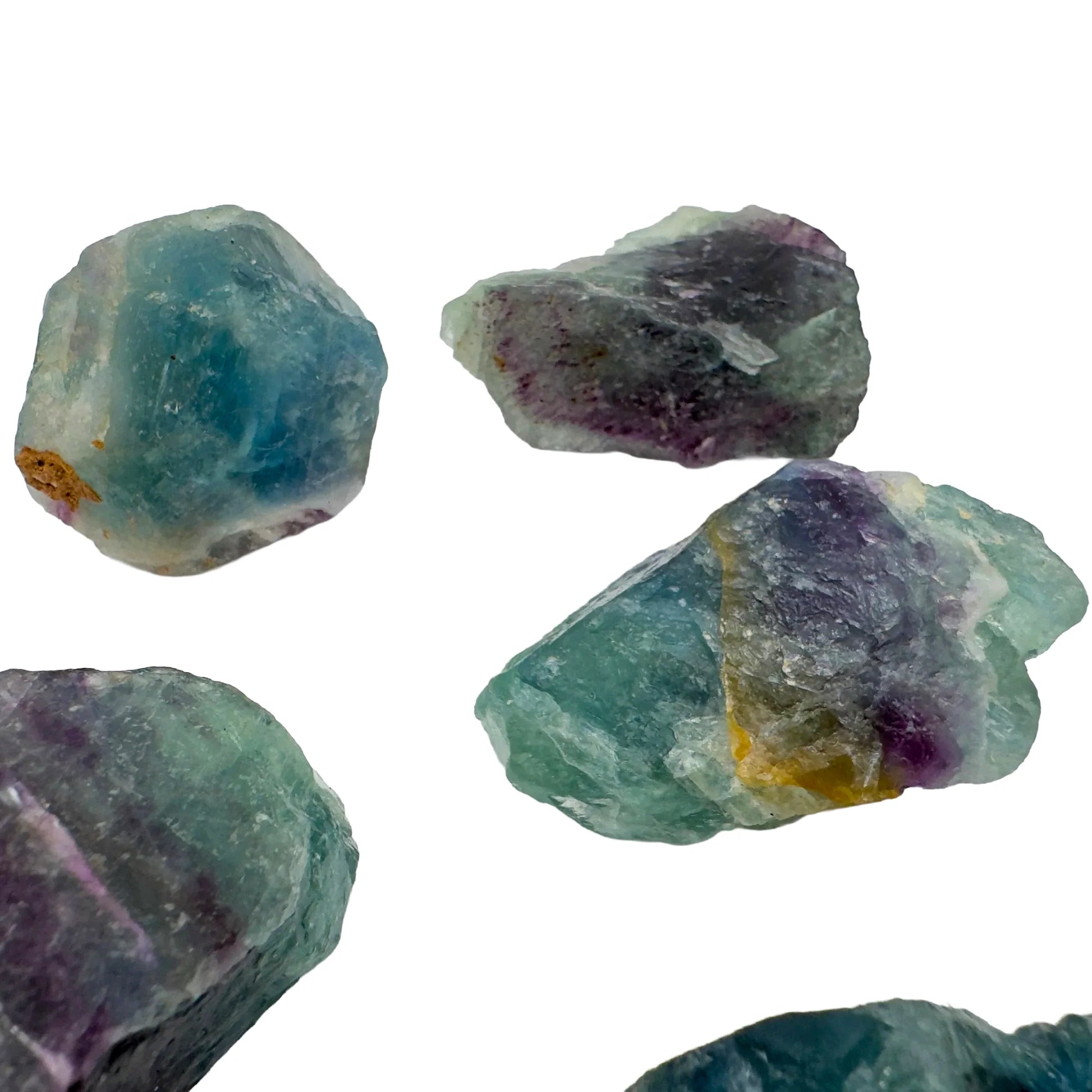Back view of Fluorite raw stone, showing natural texture.