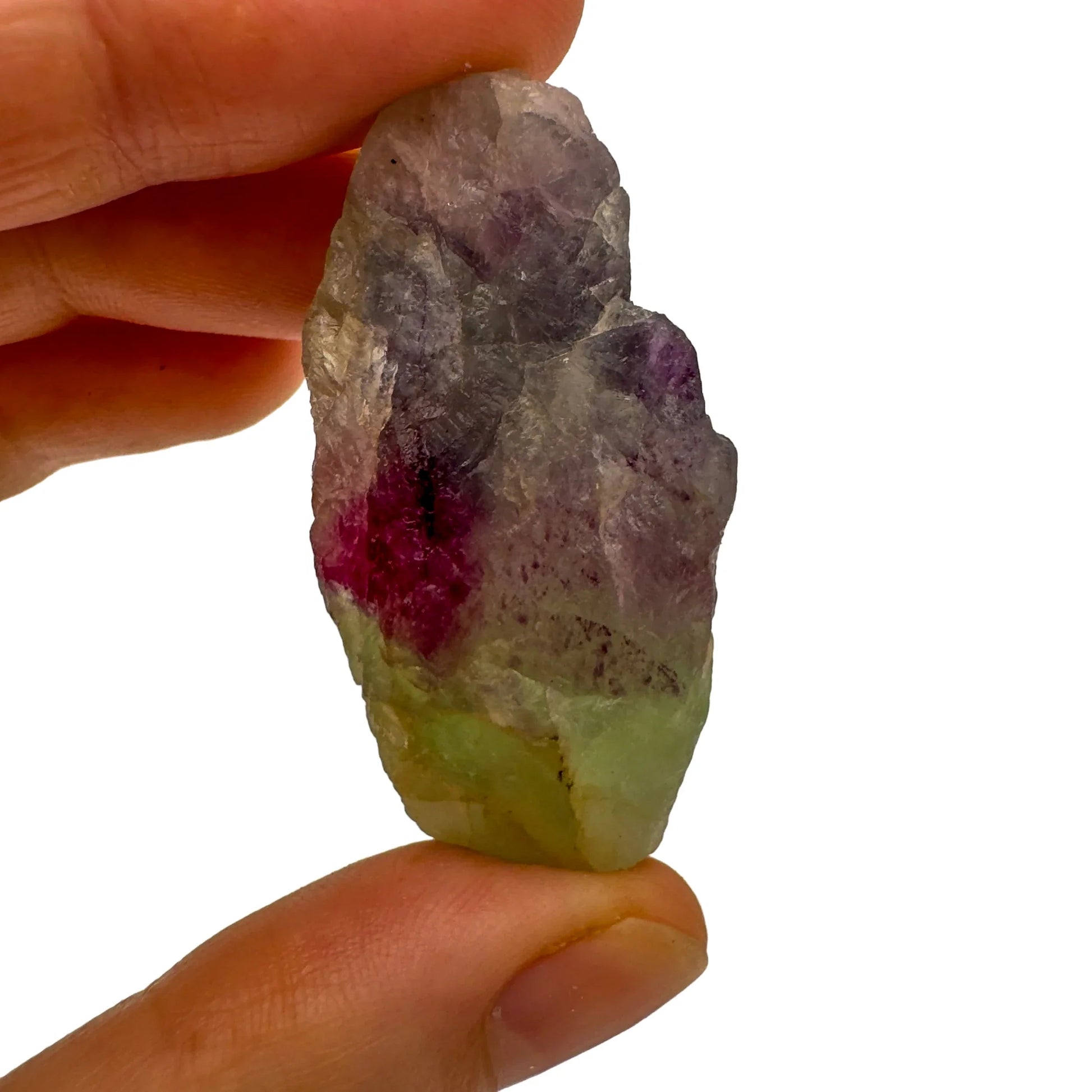 Wider context of Fluorite raw crystal, from Erongo, Namibia, set to give a sense of weight.