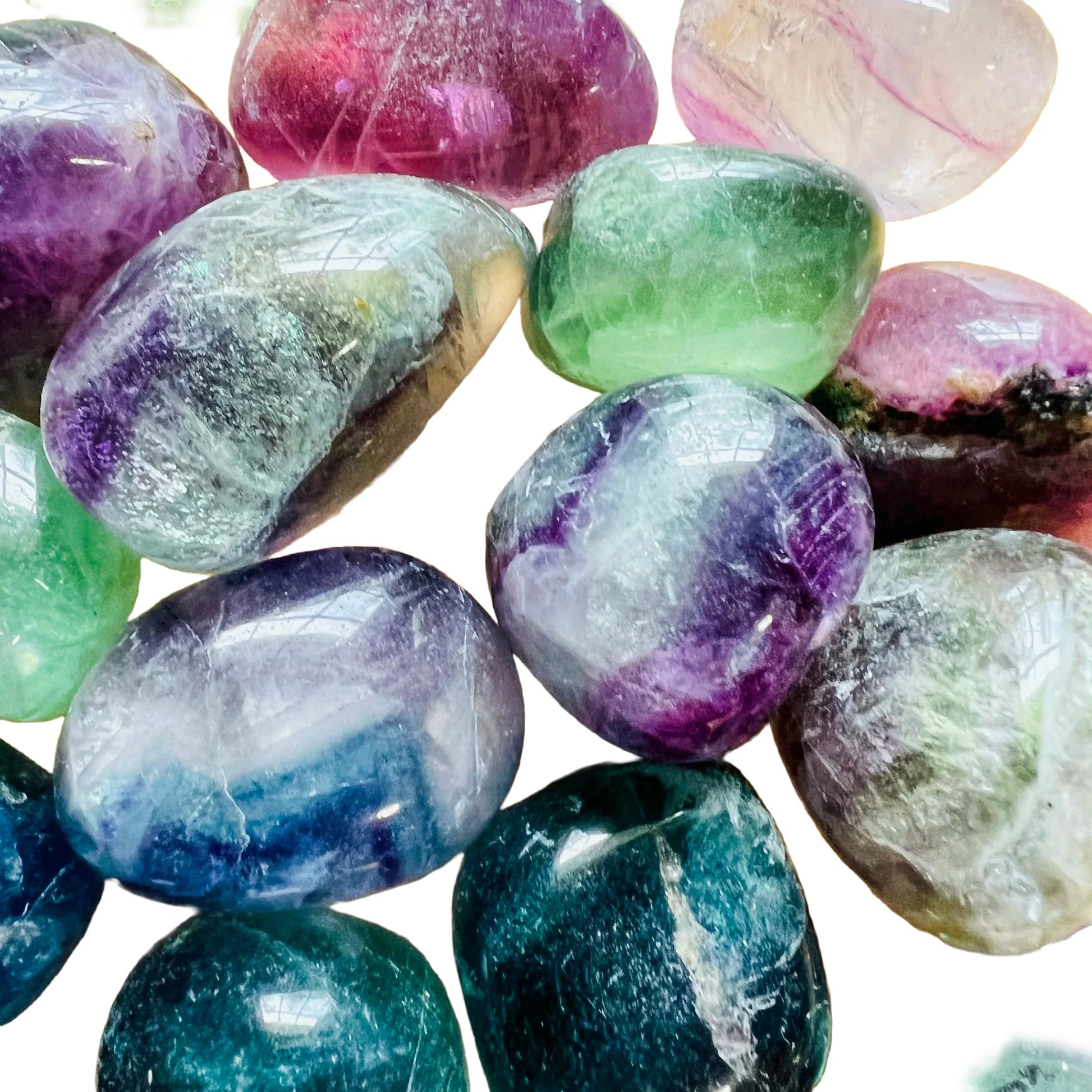 Full profile of Grade AA Fluorite tumbled stone ready to ship from Beyond Bohemian