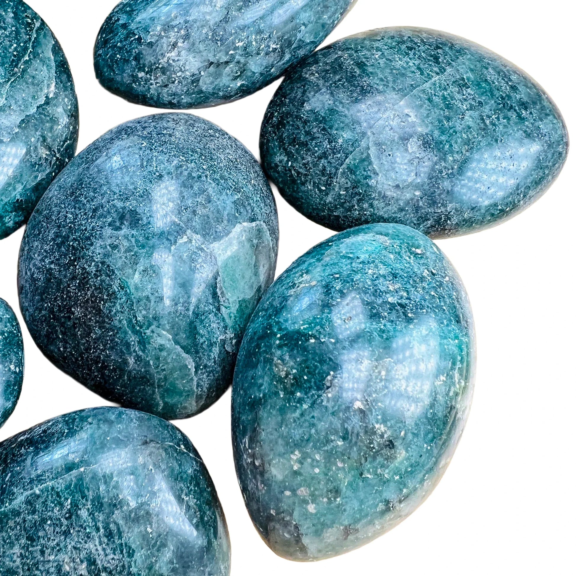 Tight crop of Grade AA Fuchsite palm stone, showing color depth.