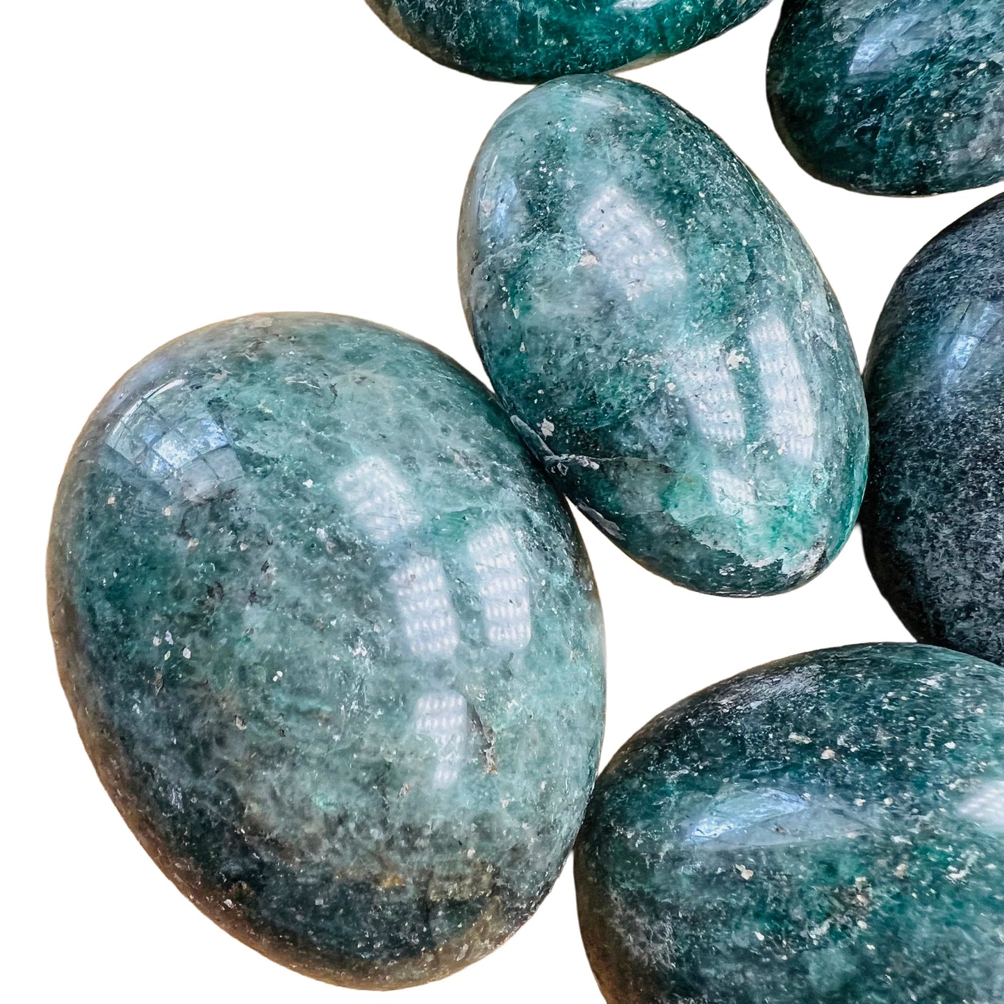 Lateral view of Fuchsite palm stone, Madagascar-sourced.