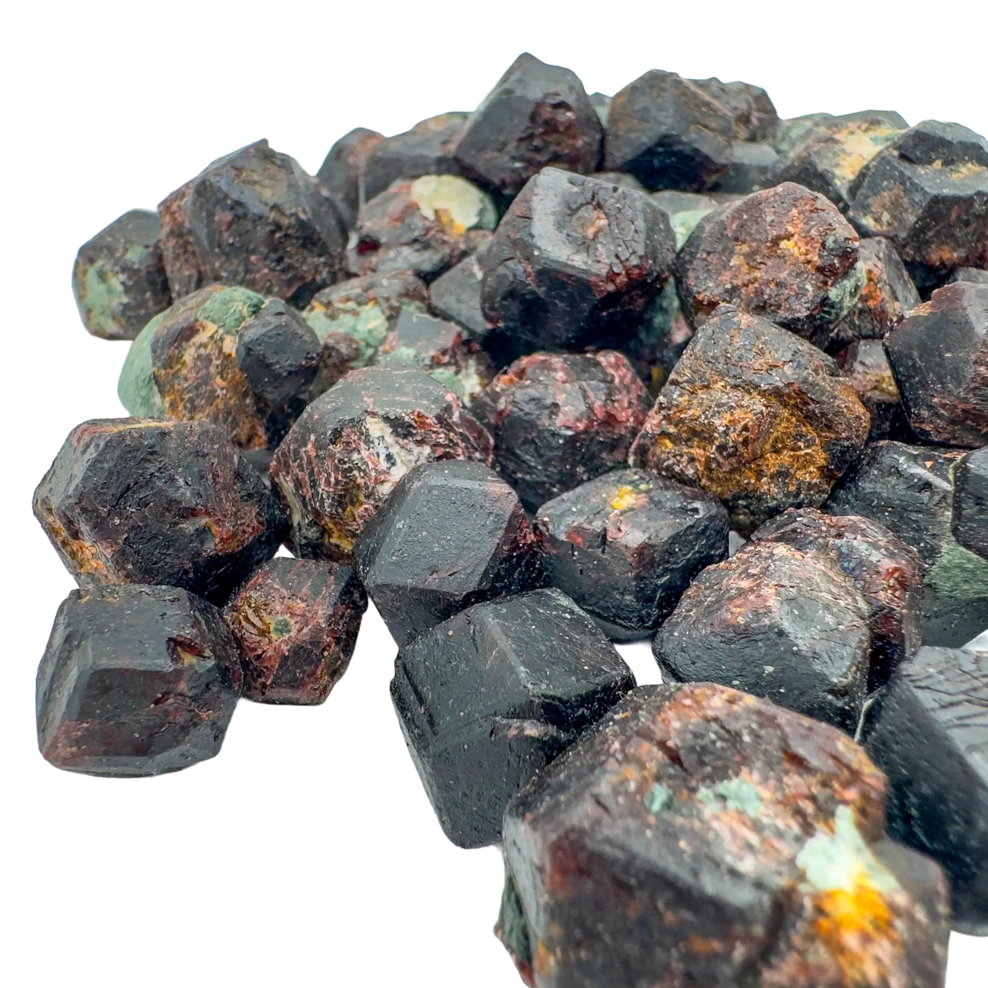 Side angle of Fuchsite raw stone, showing characteristic patterning.